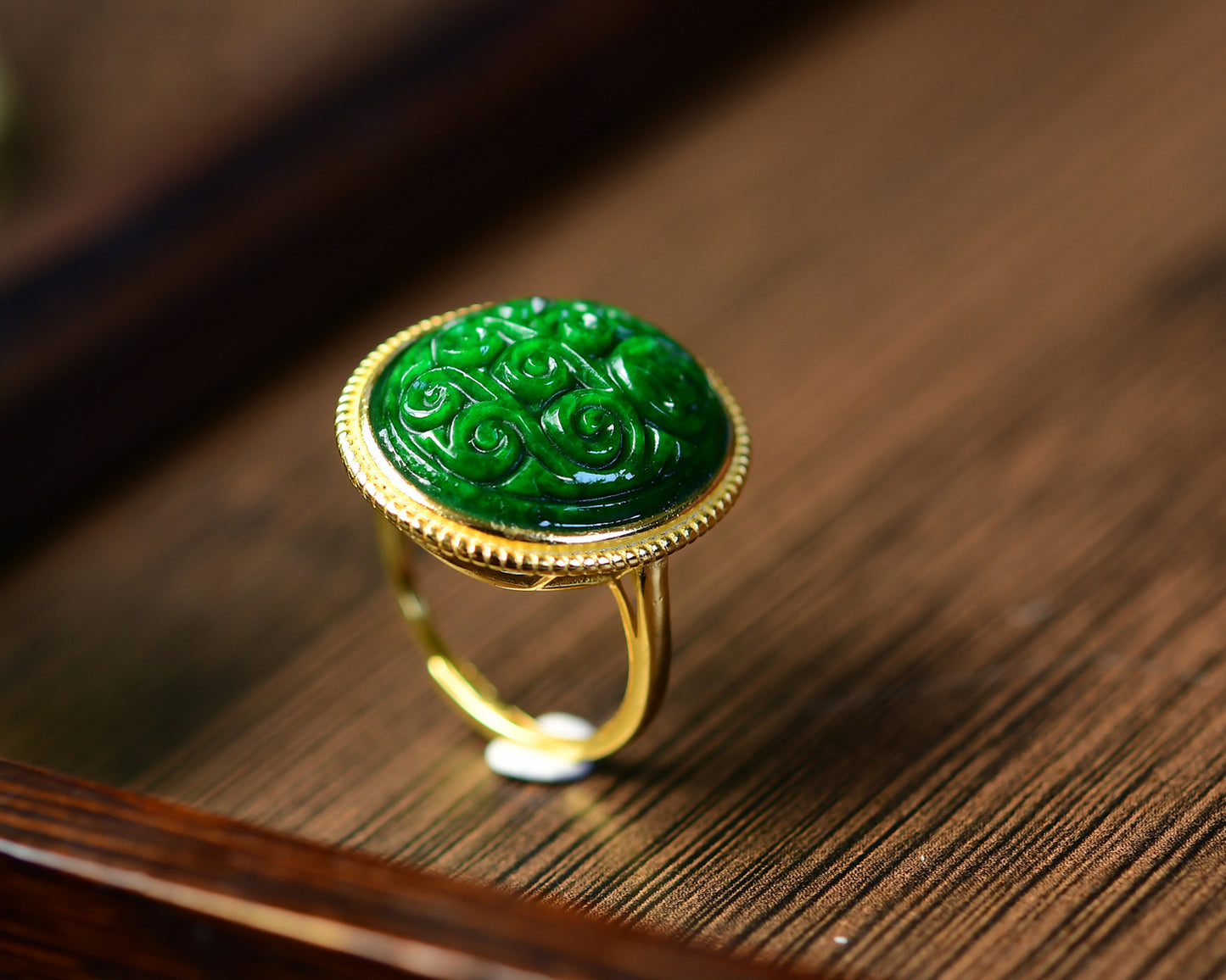A1808 Exquisite Silver Plated Gilt Gold Inlay Jadeite Ring