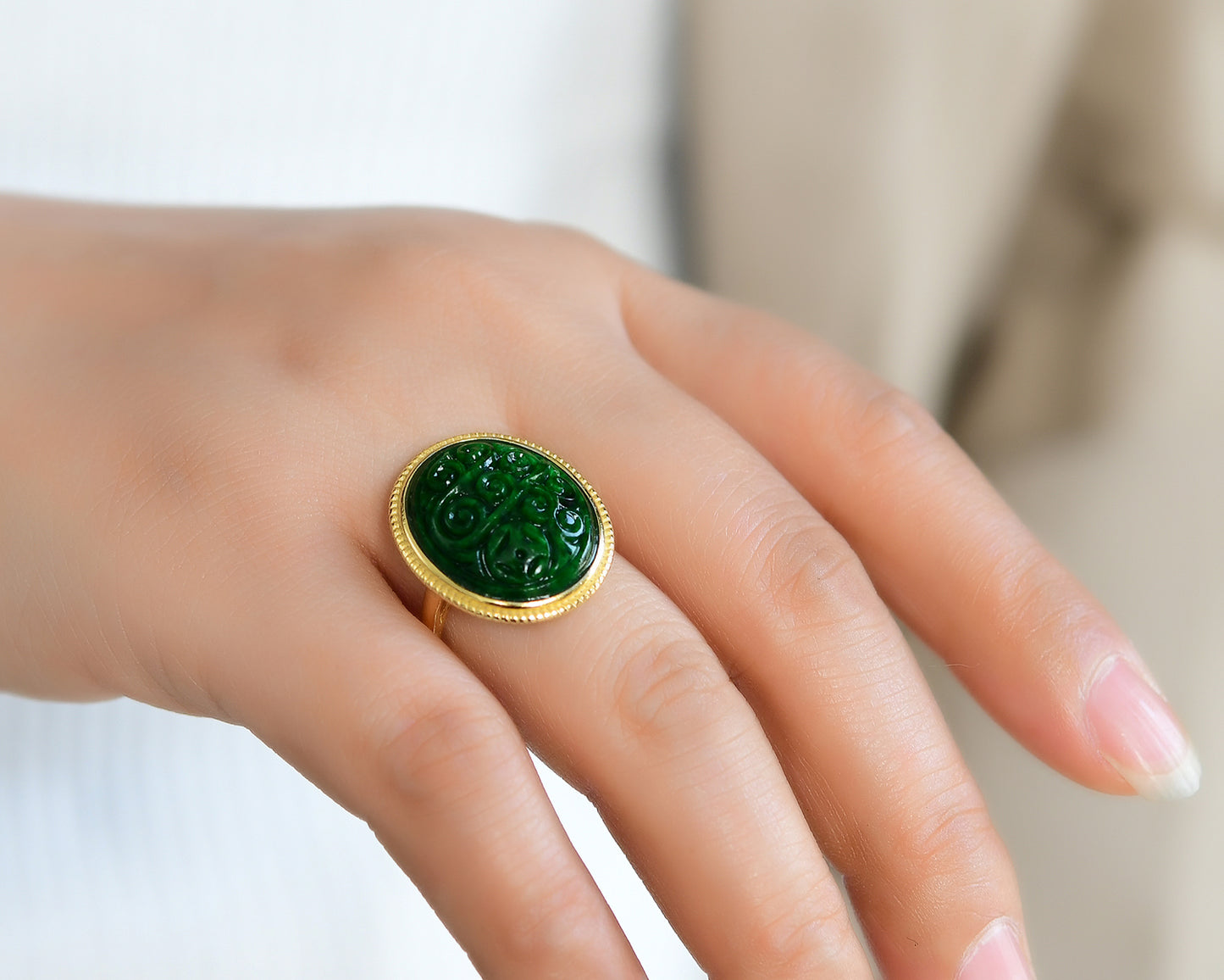 A1808 Exquisite Silver Plated Gilt Gold Inlay Jadeite Ring