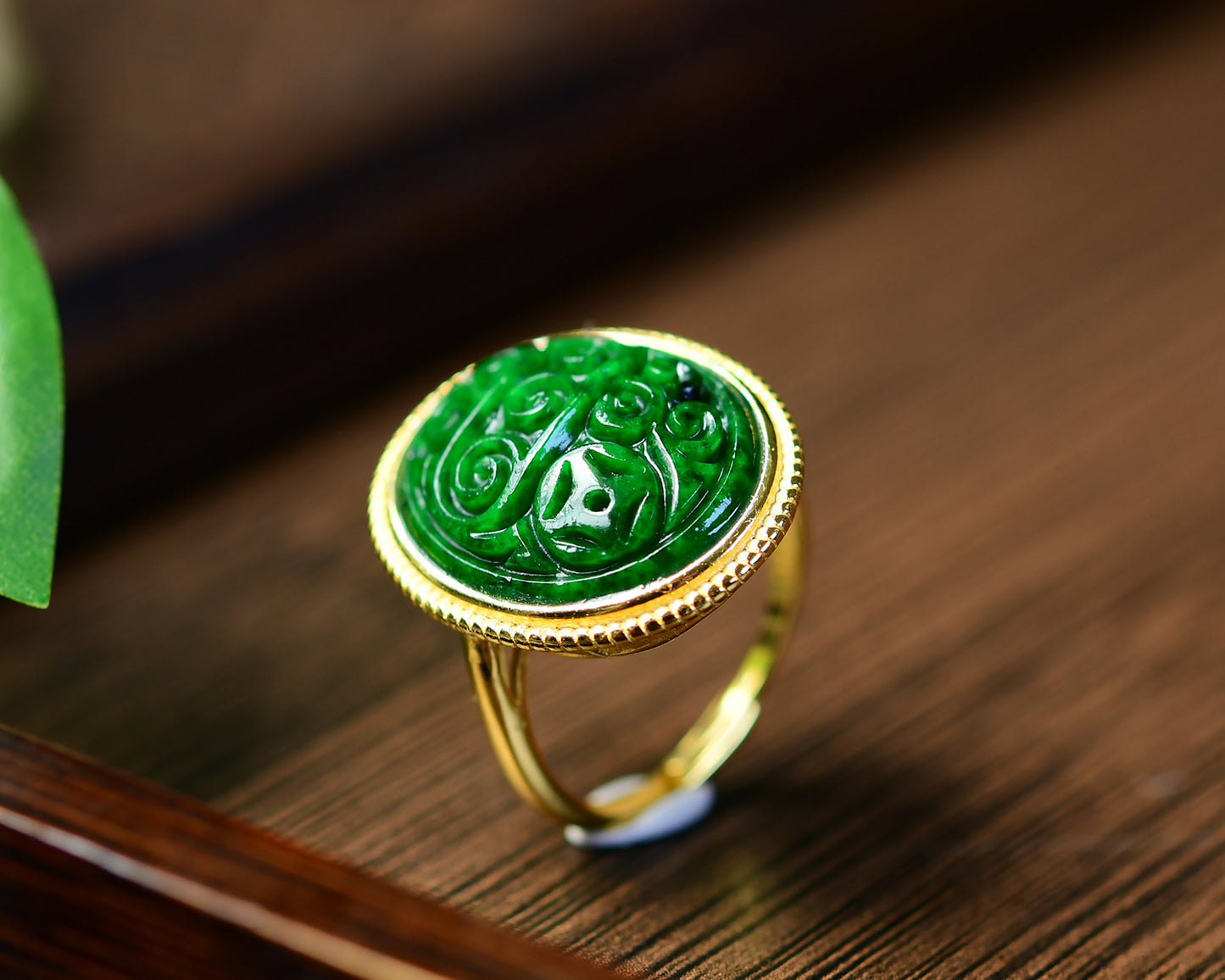 A1808 Exquisite Silver Plated Gilt Gold Inlay Jadeite Ring