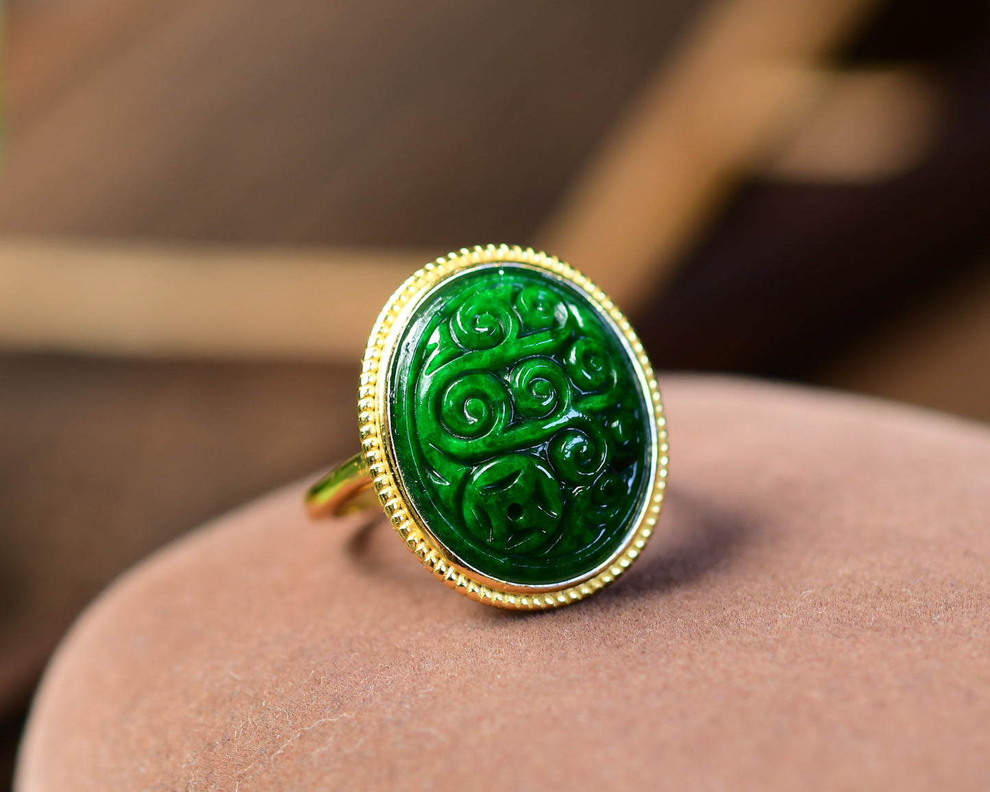 A1808 Exquisite Silver Plated Gilt Gold Inlay Jadeite Ring