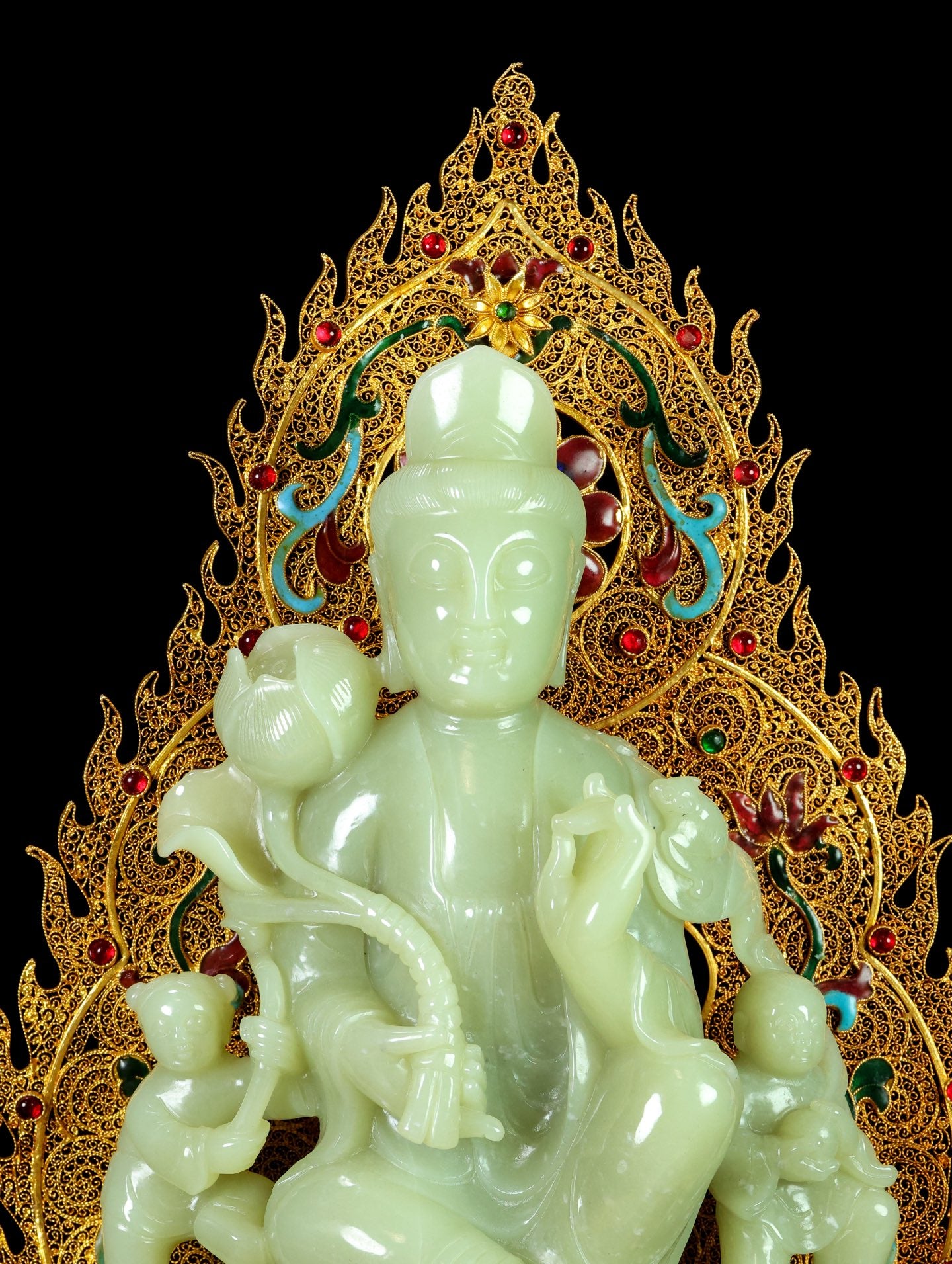 A1811 Exquisite Chinese Gold Wires Enamel Inlay Hetian Jade Lotus Flower Kwan-yin Statue