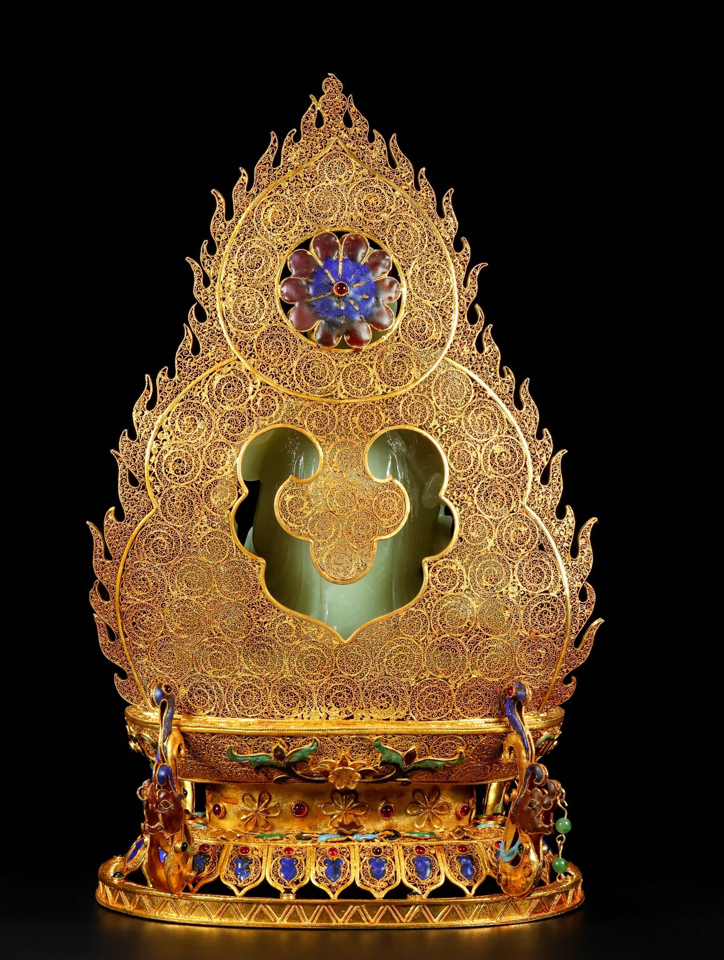 A1811 Exquisite Chinese Gold Wires Enamel Inlay Hetian Jade Lotus Flower Kwan-yin Statue
