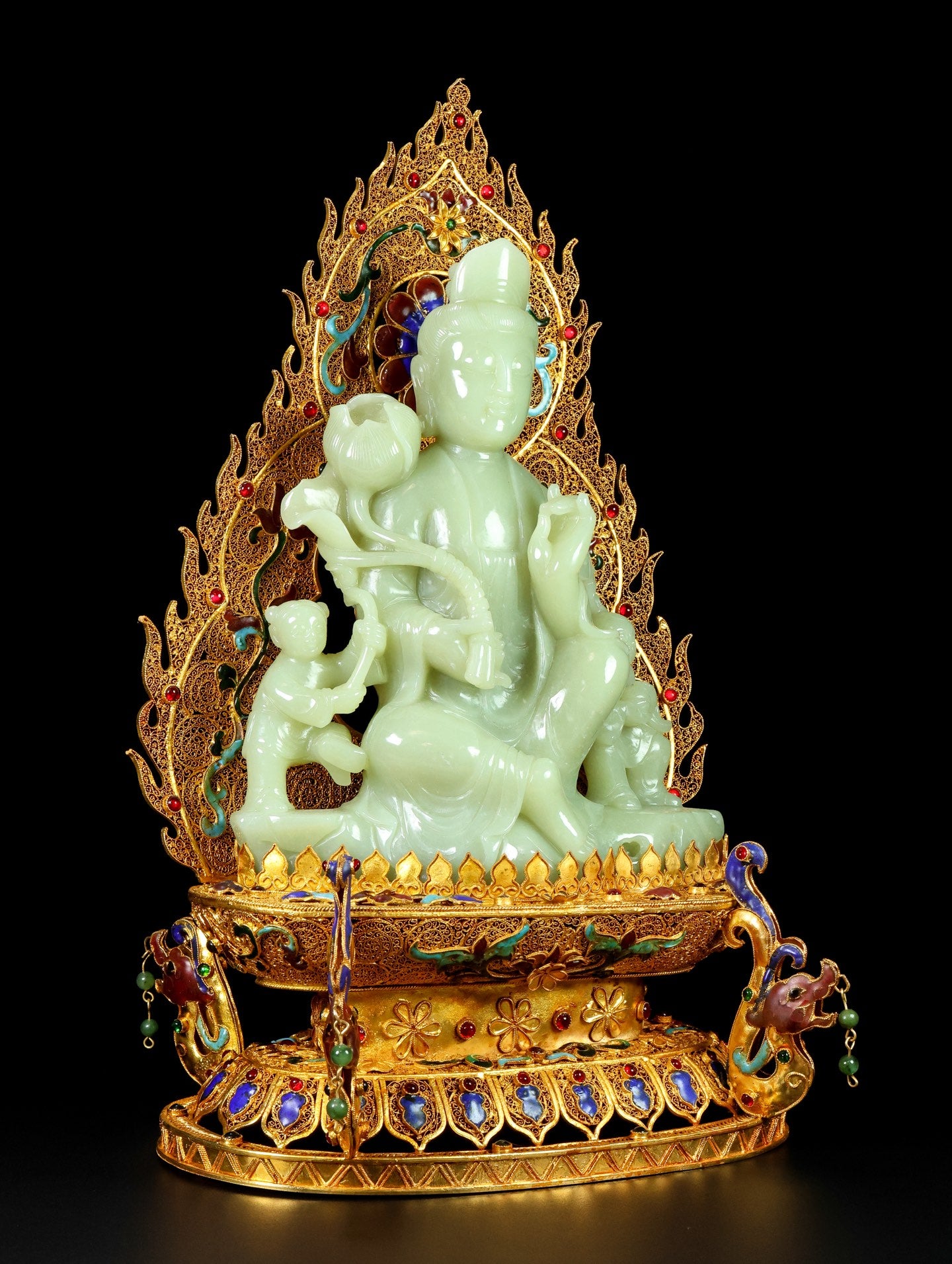 A1811 Exquisite Chinese Gold Wires Enamel Inlay Hetian Jade Lotus Flower Kwan-yin Statue