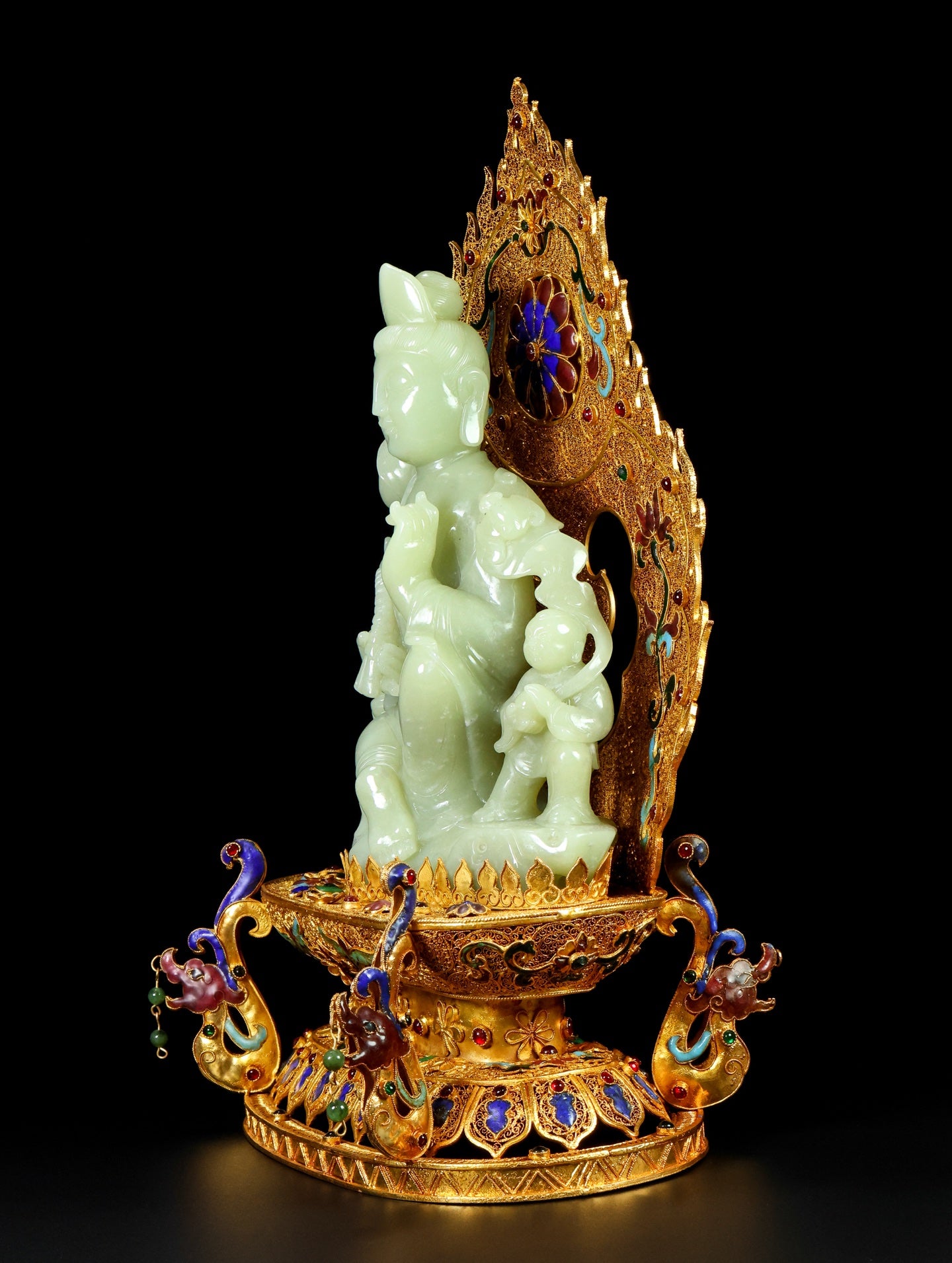 A1811 Exquisite Chinese Gold Wires Enamel Inlay Hetian Jade Lotus Flower Kwan-yin Statue