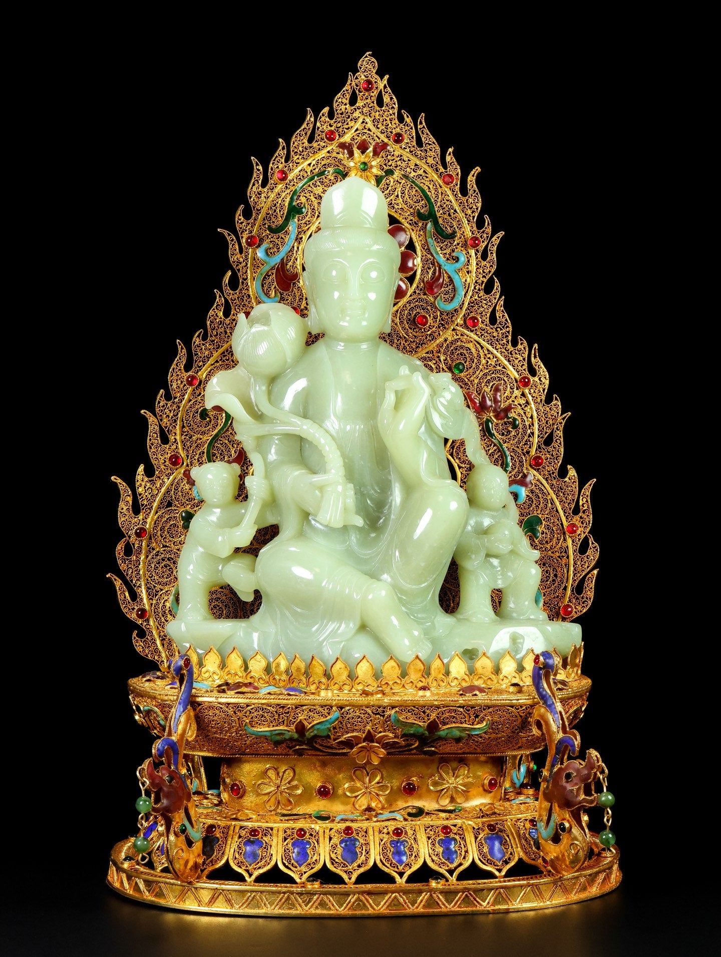 A1811 Exquisite Chinese Gold Wires Enamel Inlay Hetian Jade Lotus Flower Kwan-yin Statue