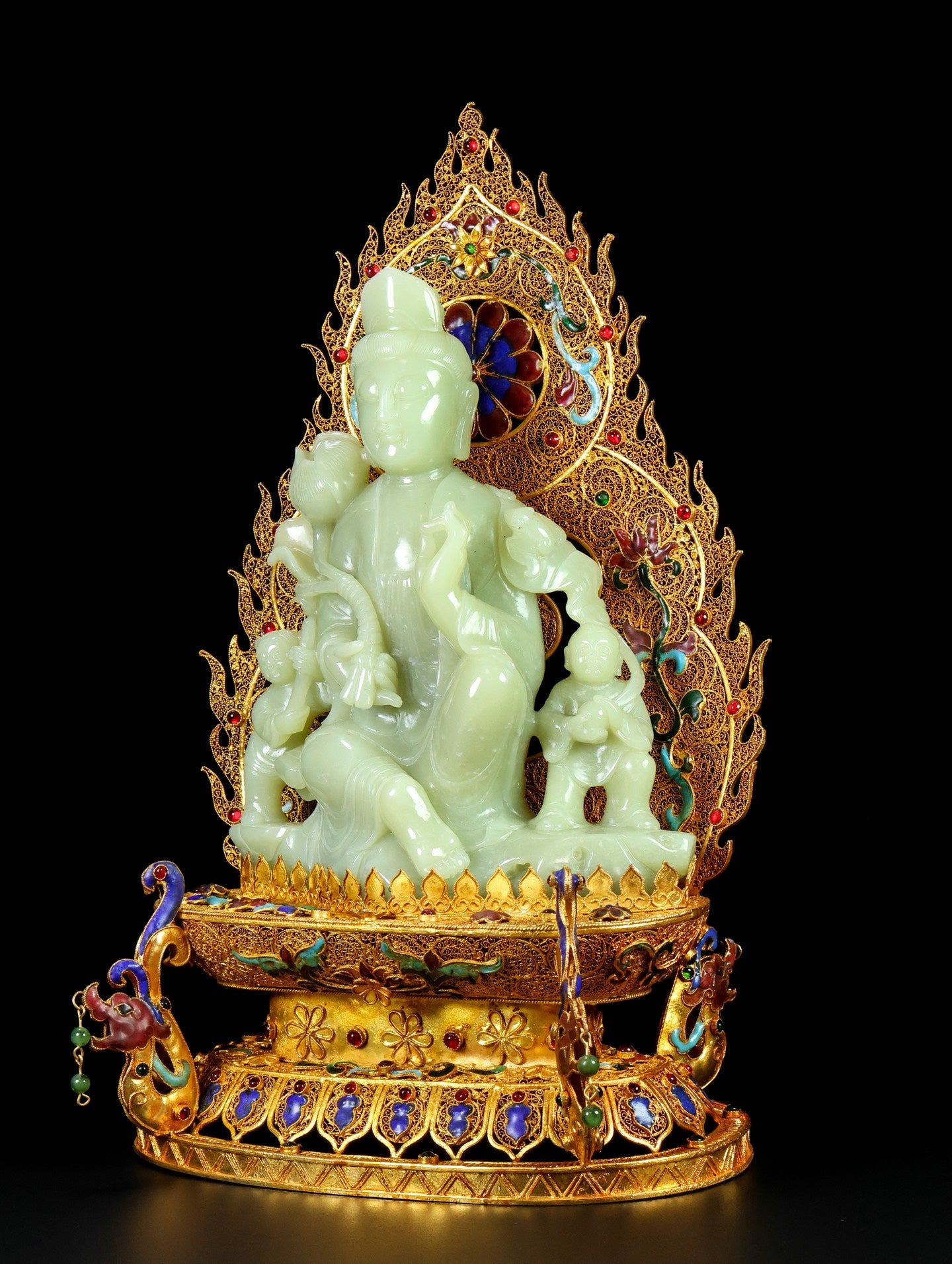 A1811 Exquisite Chinese Gold Wires Enamel Inlay Hetian Jade Lotus Flower Kwan-yin Statue