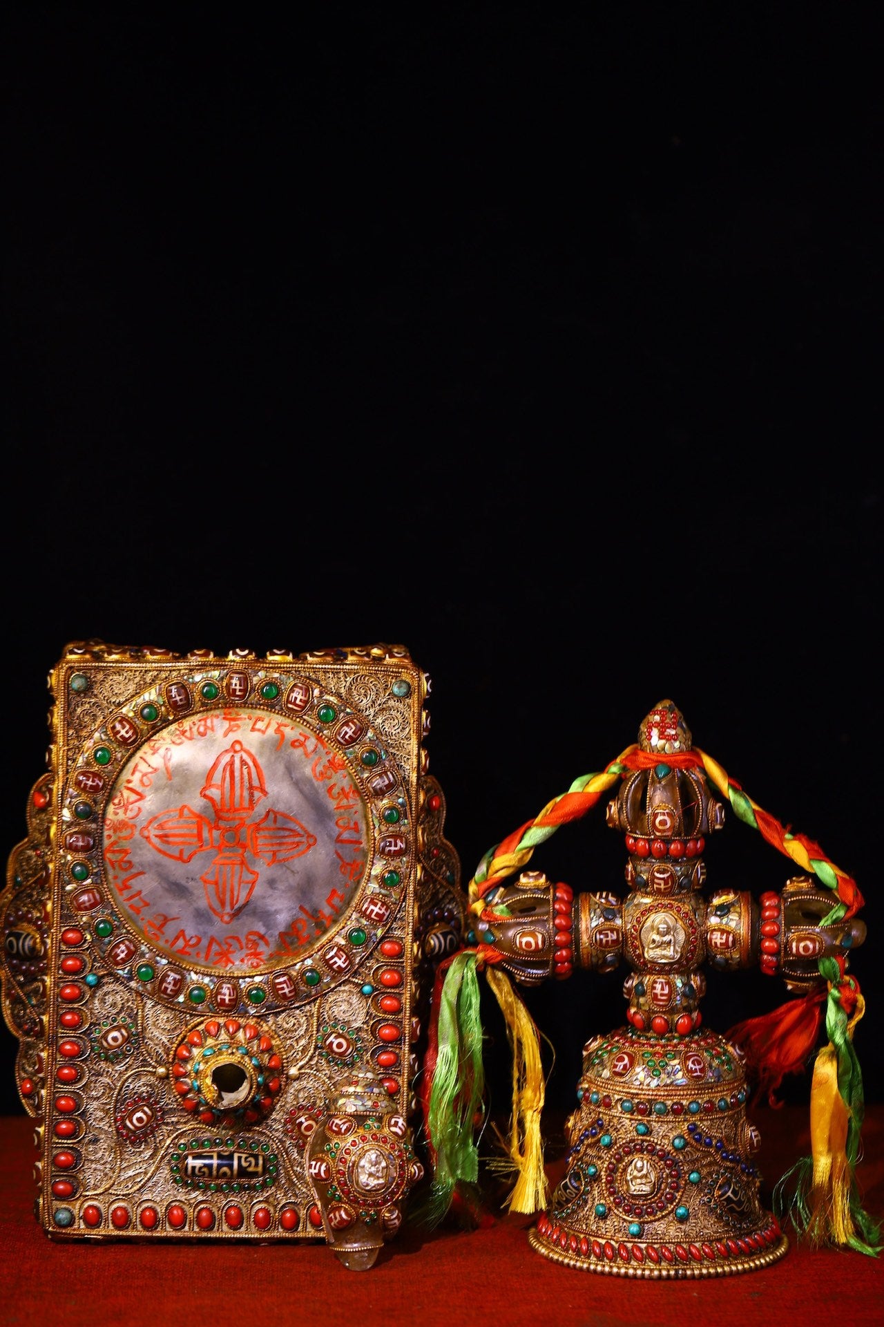 A1814 Tibetan Buddhism Gold Wire Inlay DZI Agate & Turquoise & Lapis Lazuli Vajra Bell