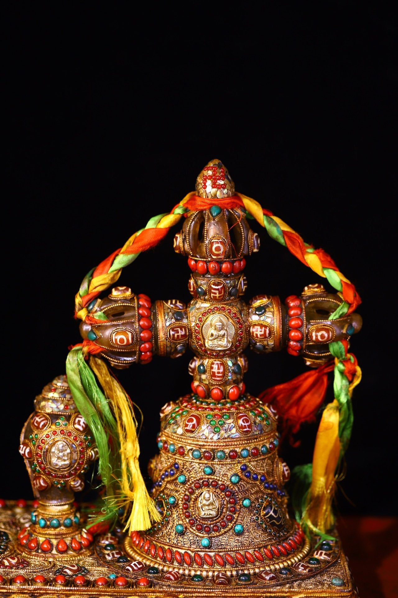 A1814 Tibetan Buddhism Gold Wire Inlay DZI Agate & Turquoise & Lapis Lazuli Vajra Bell