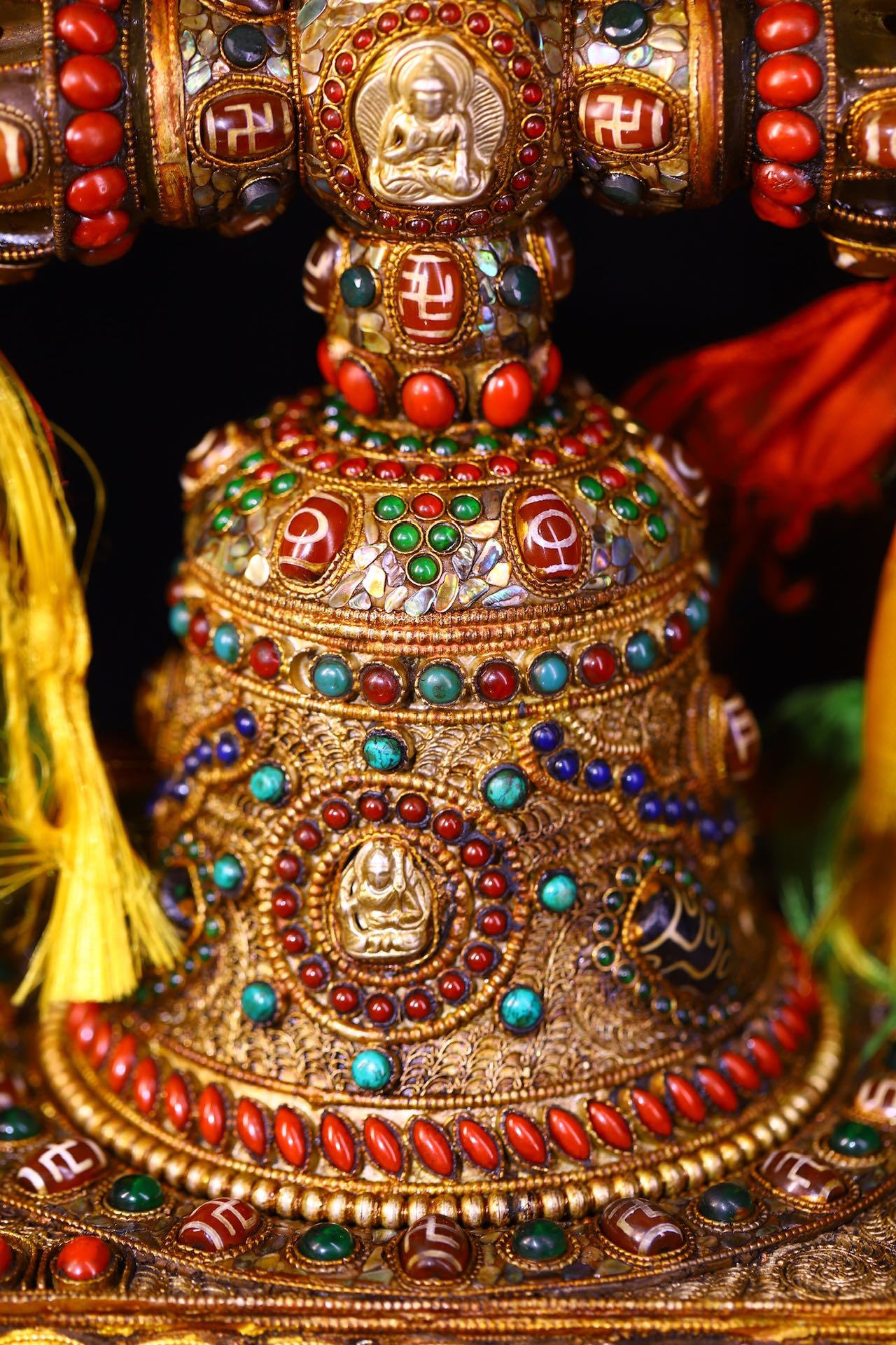 A1814 Tibetan Buddhism Gold Wire Inlay DZI Agate & Turquoise & Lapis Lazuli Vajra Bell