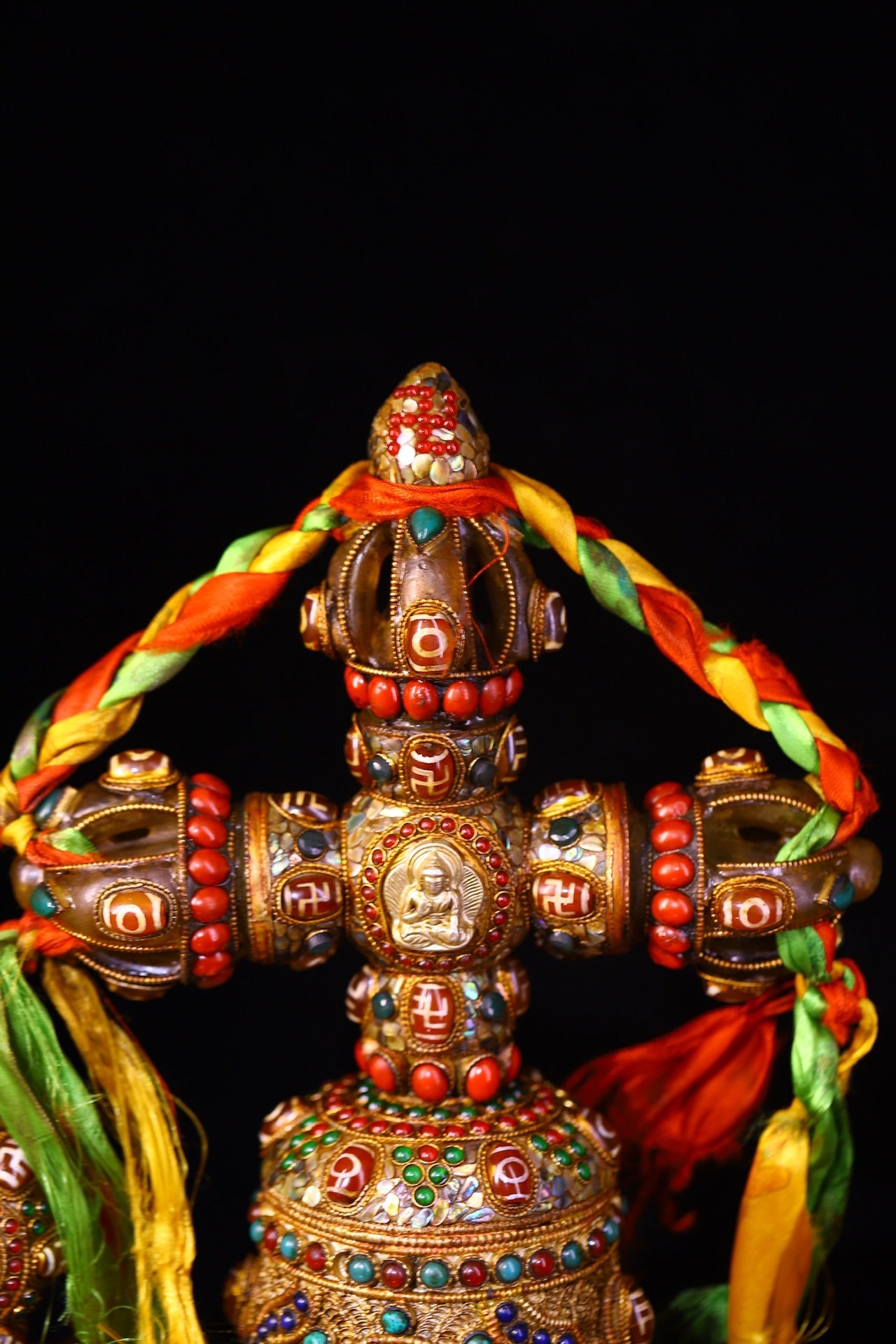 A1814 Tibetan Buddhism Gold Wire Inlay DZI Agate & Turquoise & Lapis Lazuli Vajra Bell