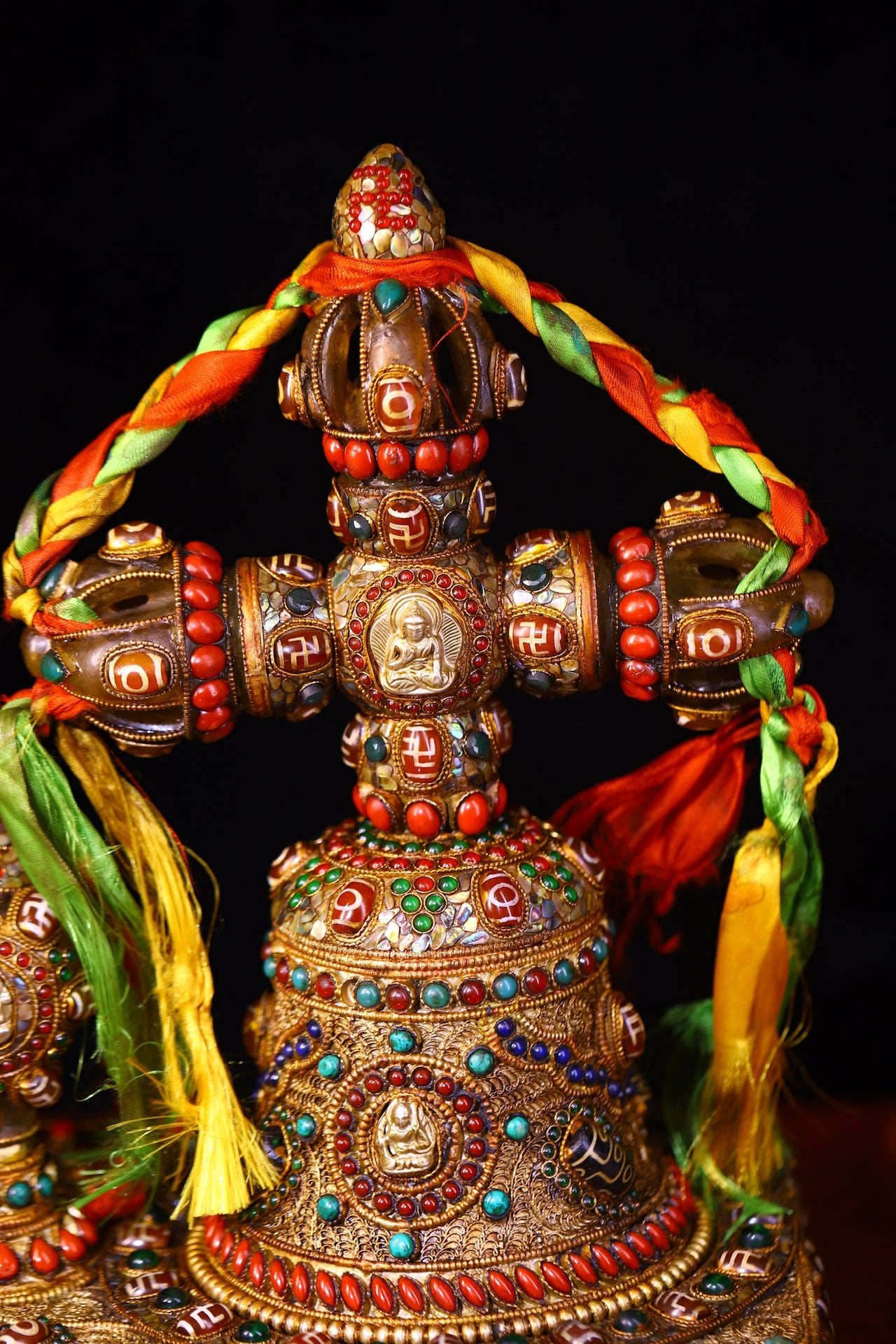 A1814 Tibetan Buddhism Gold Wire Inlay DZI Agate & Turquoise & Lapis Lazuli Vajra Bell
