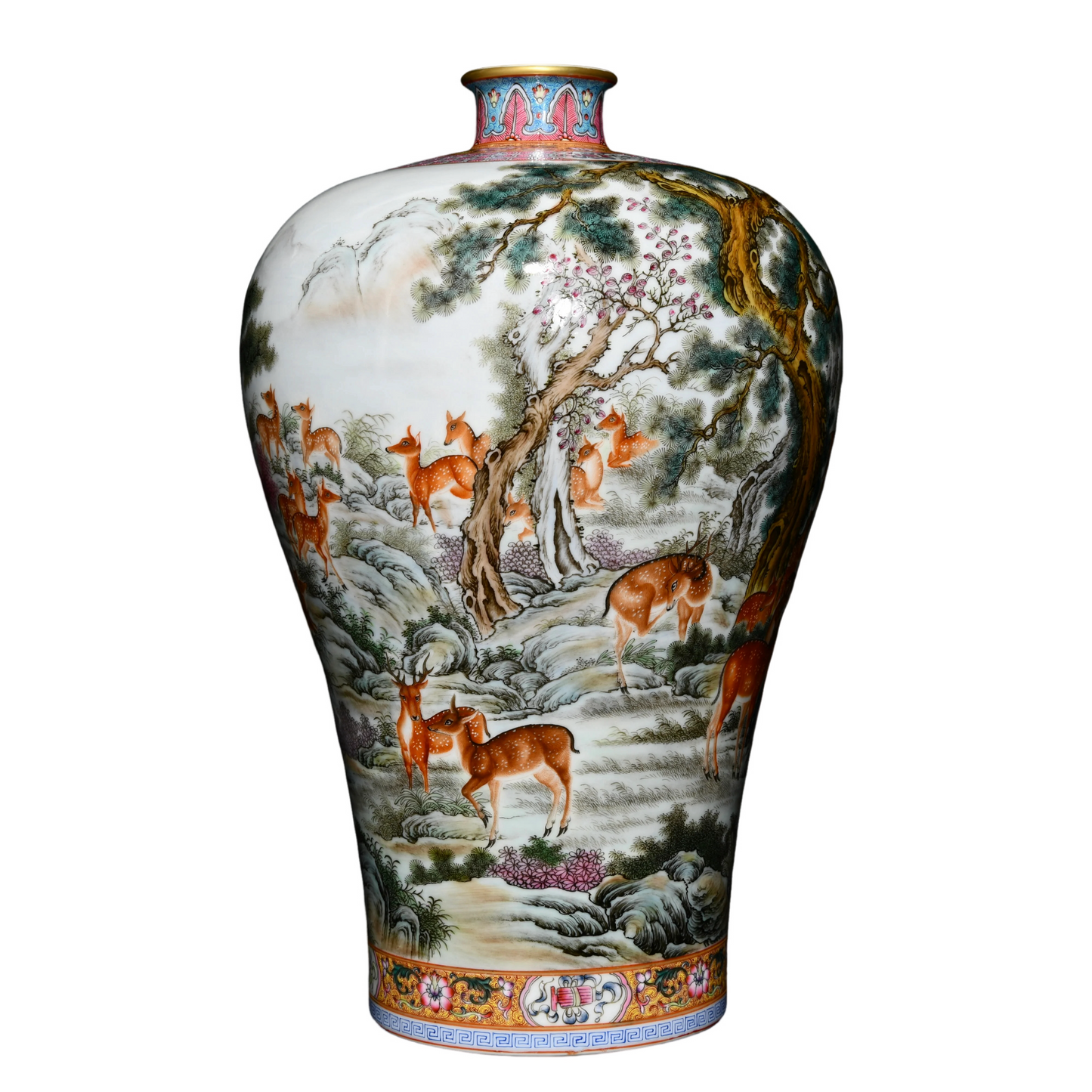 A1819 Chinese Qing Dynasty Gilt Edge Famille Rose Pine Tree & Sika Deer Design Porcelain Vase