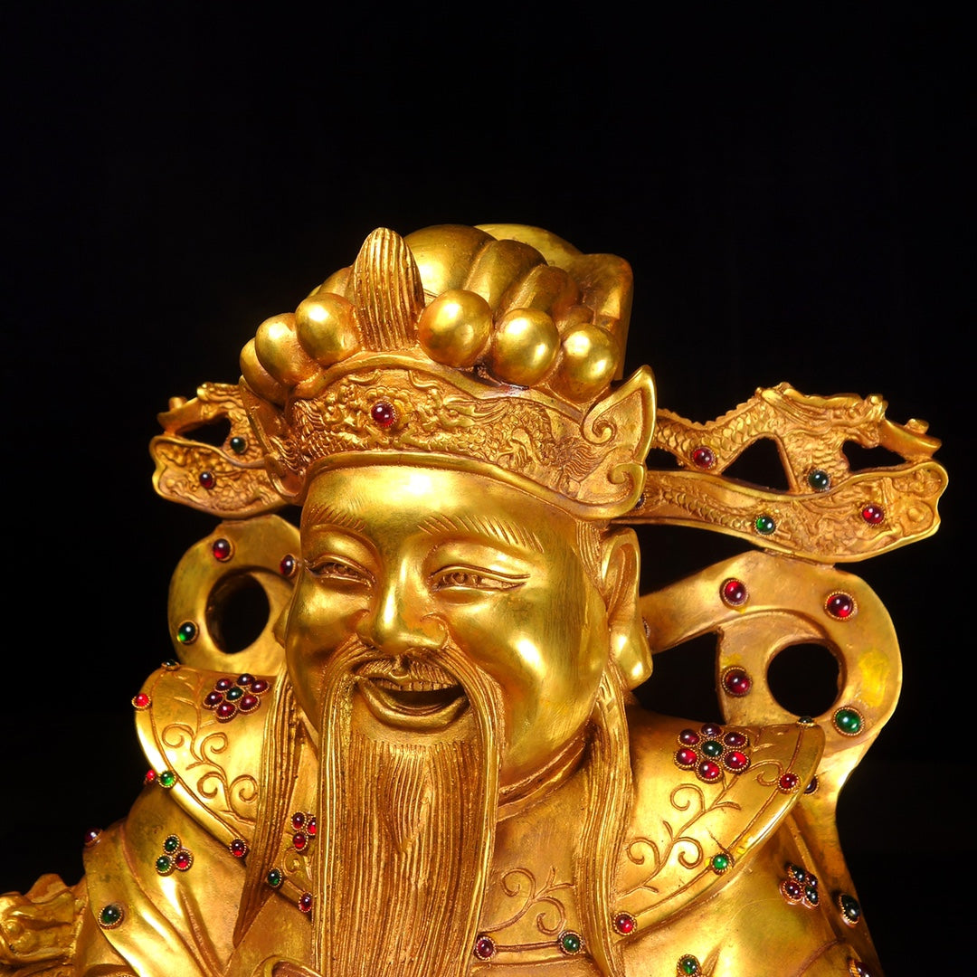 A1820 Chinese Gilt Gold Copper Fortune Taoism Deity Statue