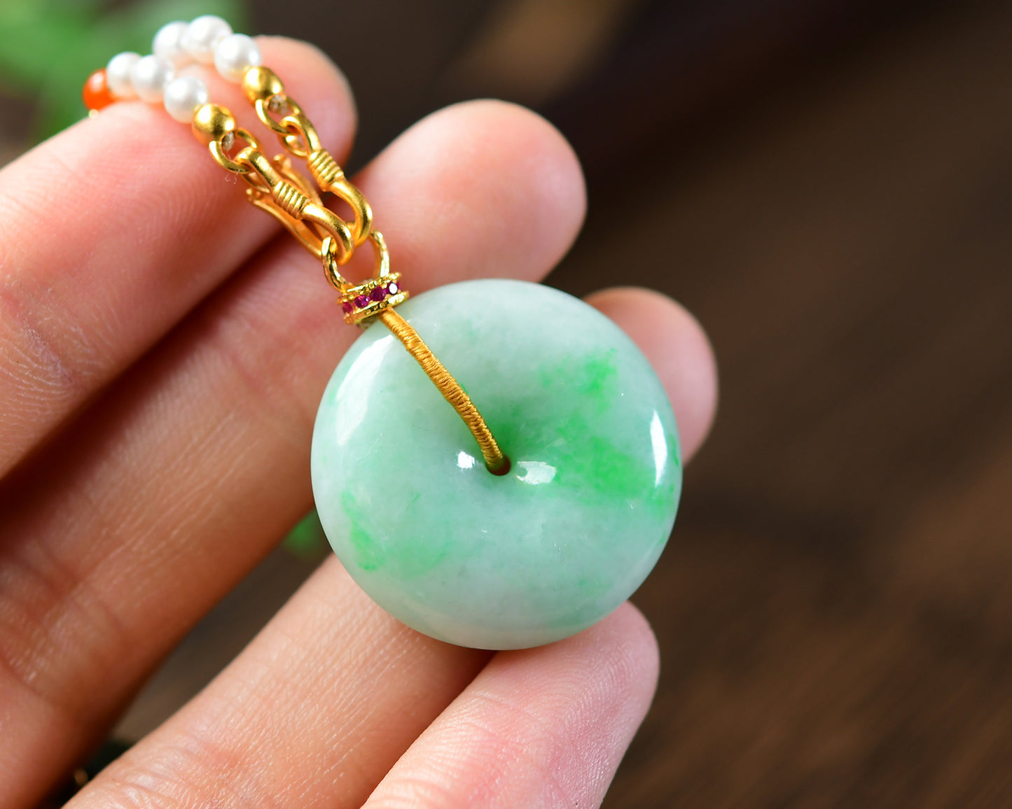 A1823 Exquisite Natural Jadeite Lucky Pendant w Pearl & Agate & Jadeite Beads Necklace