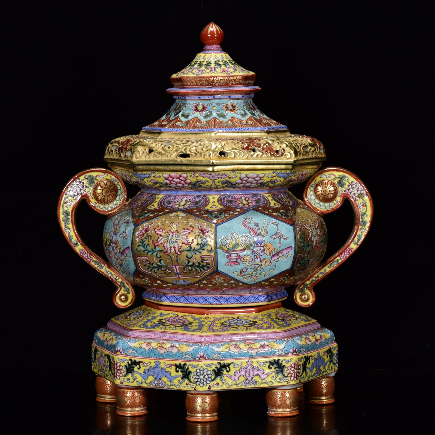 A1824 Chinese Qing Dynasty Gilt Gold Famille Rose Enamel Flowers Design Porcelain Incense Burner