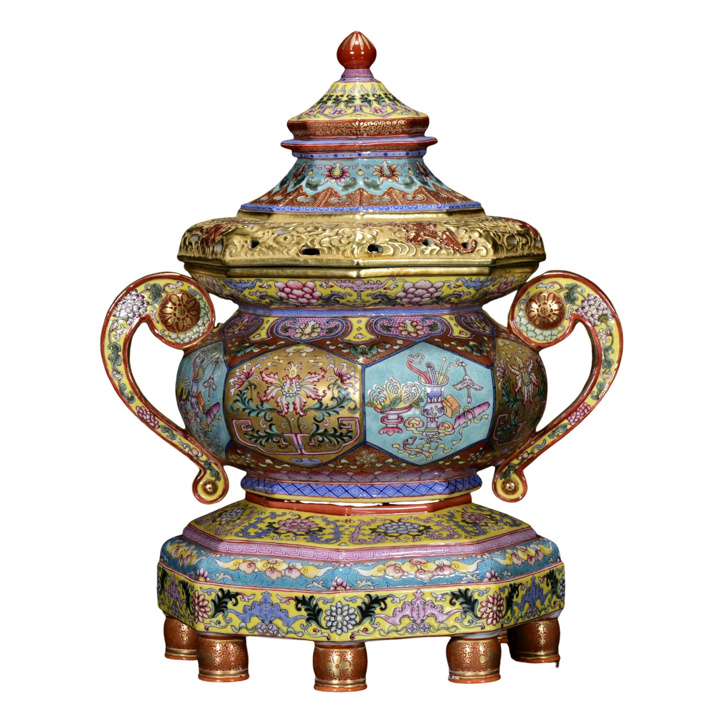 A1824 Chinese Qing Dynasty Gilt Gold Famille Rose Enamel Flowers Design Porcelain Incense Burner