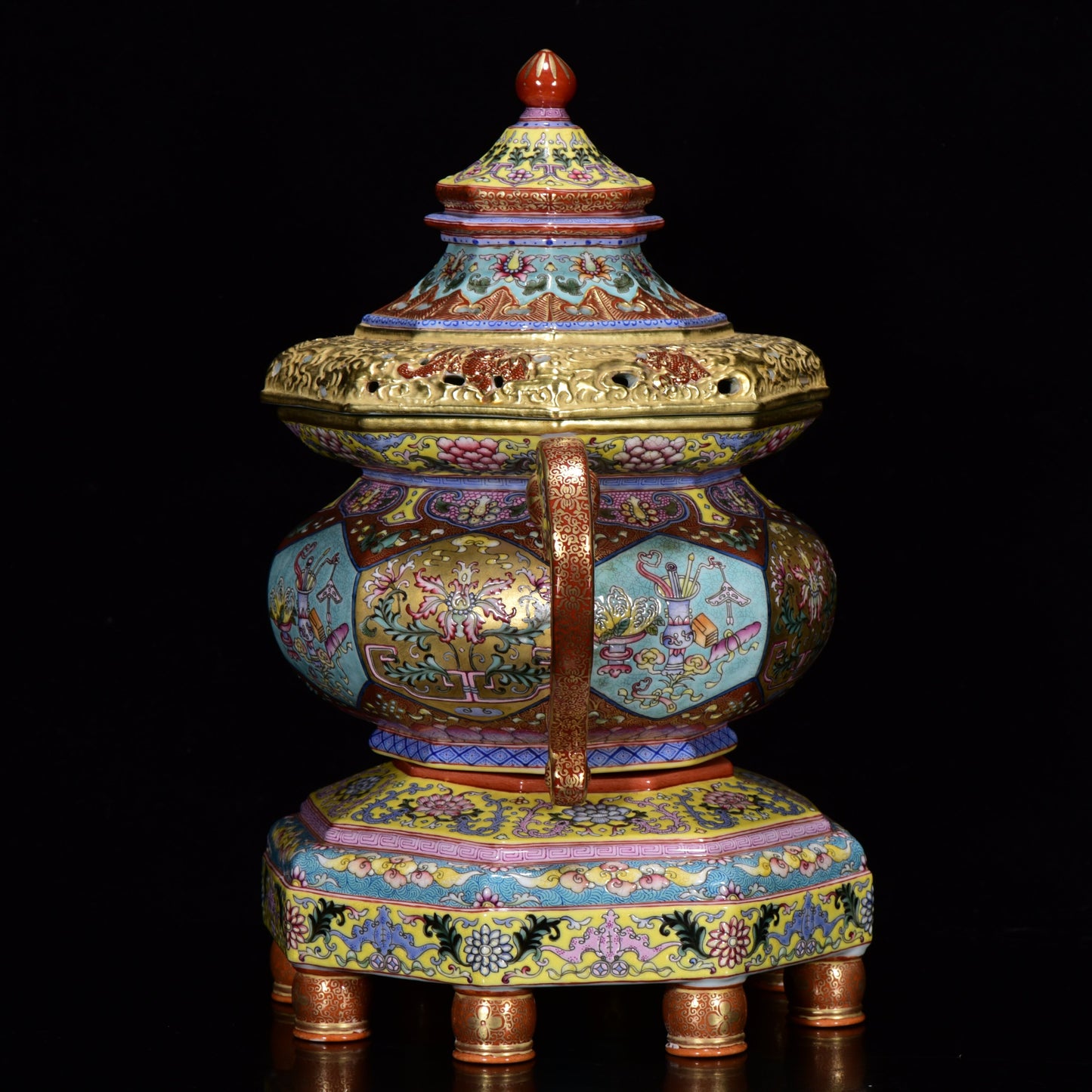A1824 Chinese Qing Dynasty Gilt Gold Famille Rose Enamel Flowers Design Porcelain Incense Burner