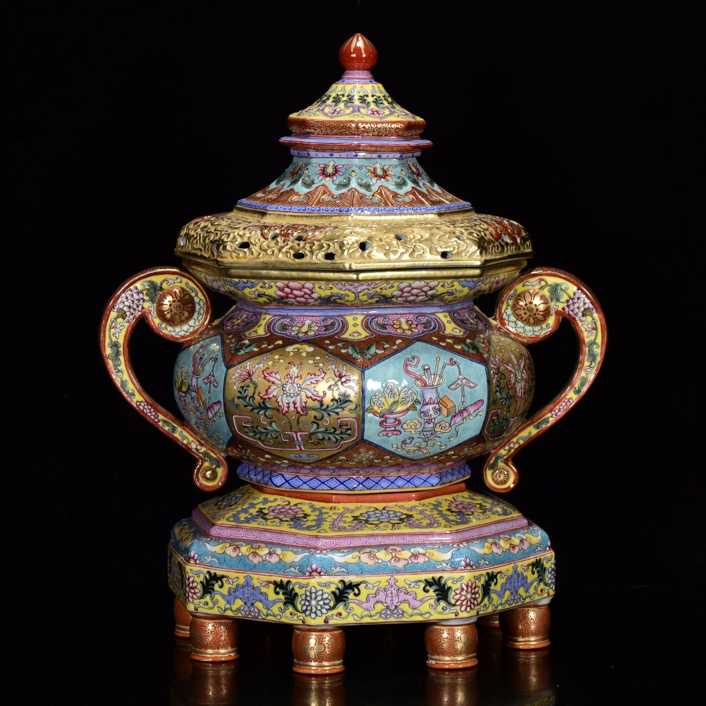 A1824 Chinese Qing Dynasty Gilt Gold Famille Rose Enamel Flowers Design Porcelain Incense Burner