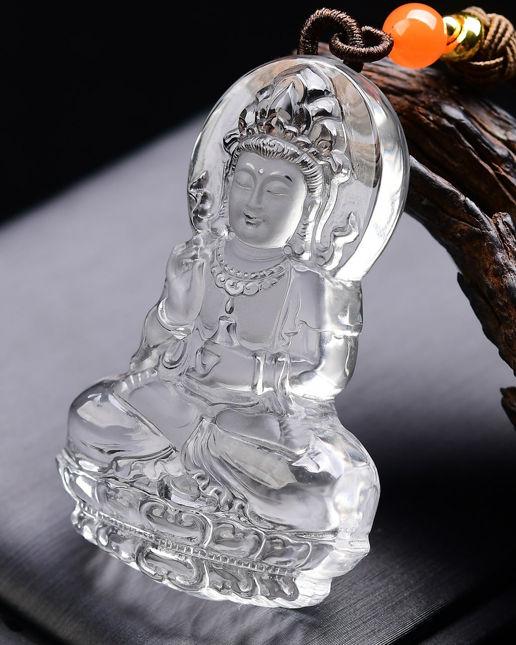 A1837 Exquisite White Crystal Carved Kwan-yin Pendant w Hand Woven Necklace