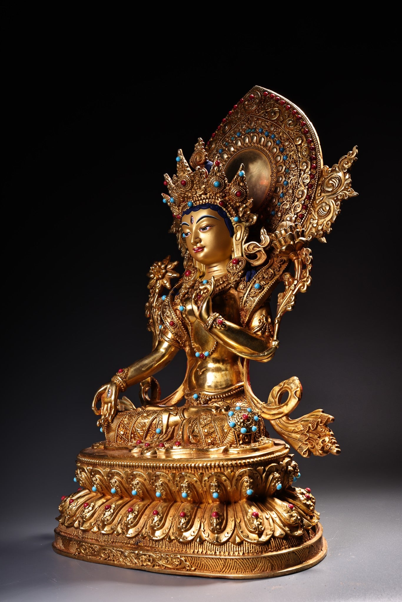 A1839 Tibetan Buddhism Gilt Gold Copper Inlay Gems Tara Statue