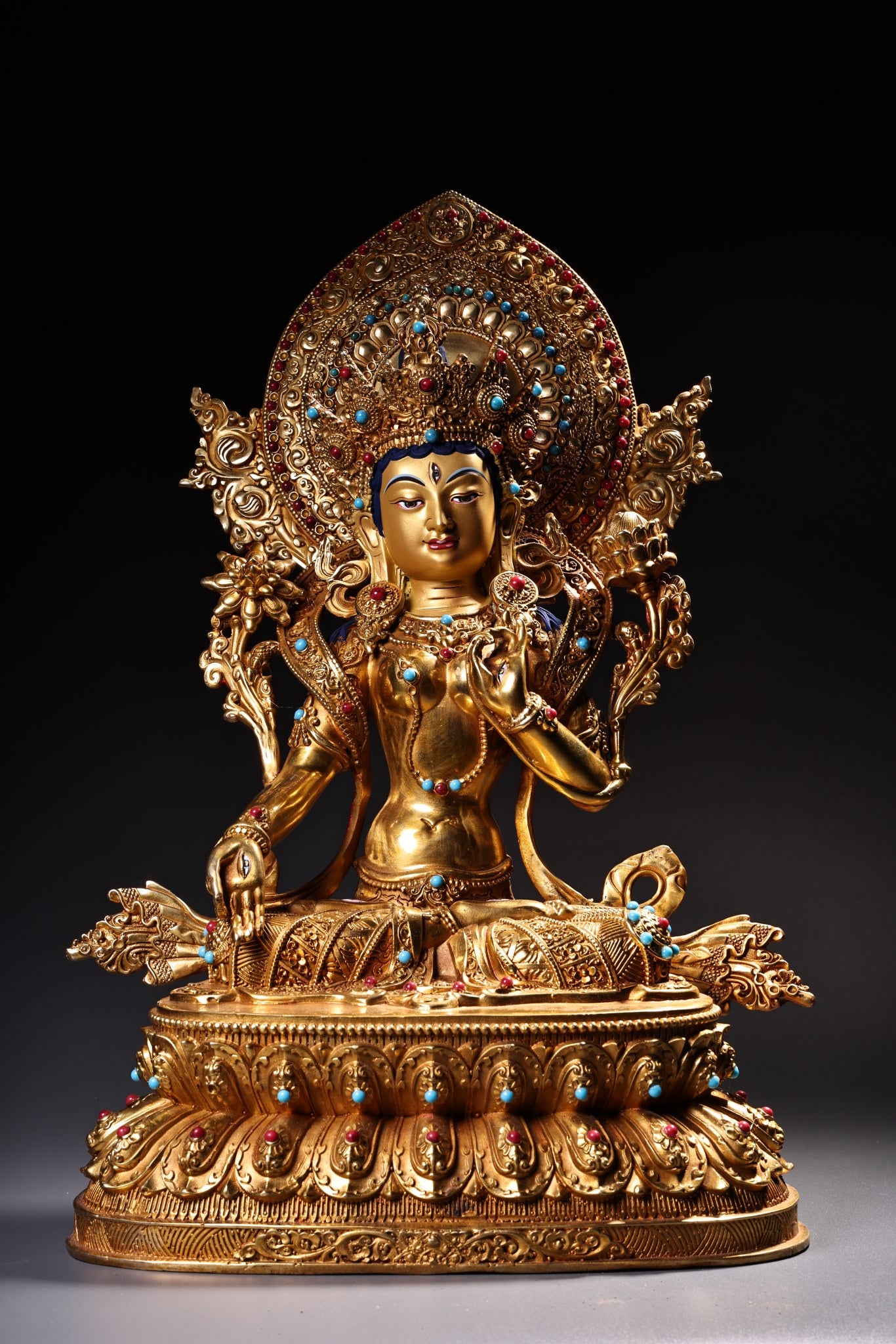 A1839 Tibetan Buddhism Gilt Gold Copper Inlay Gems Tara Statue