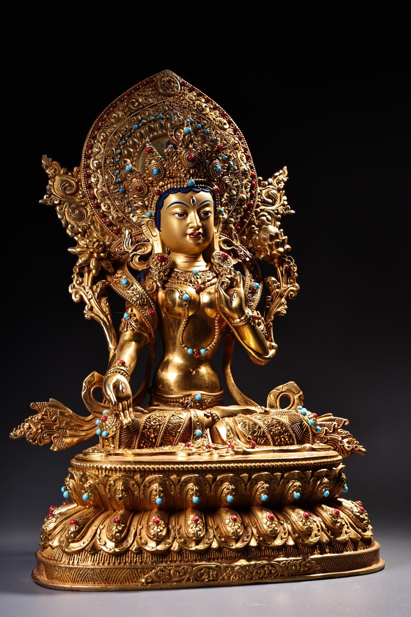 A1839 Tibetan Buddhism Gilt Gold Copper Inlay Gems Tara Statue
