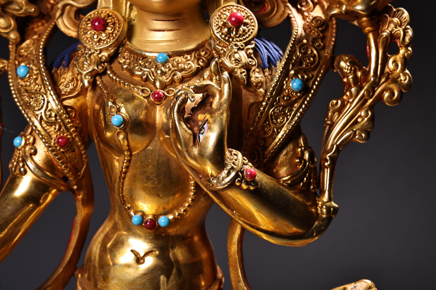 A1839 Tibetan Buddhism Gilt Gold Copper Inlay Gems Tara Statue