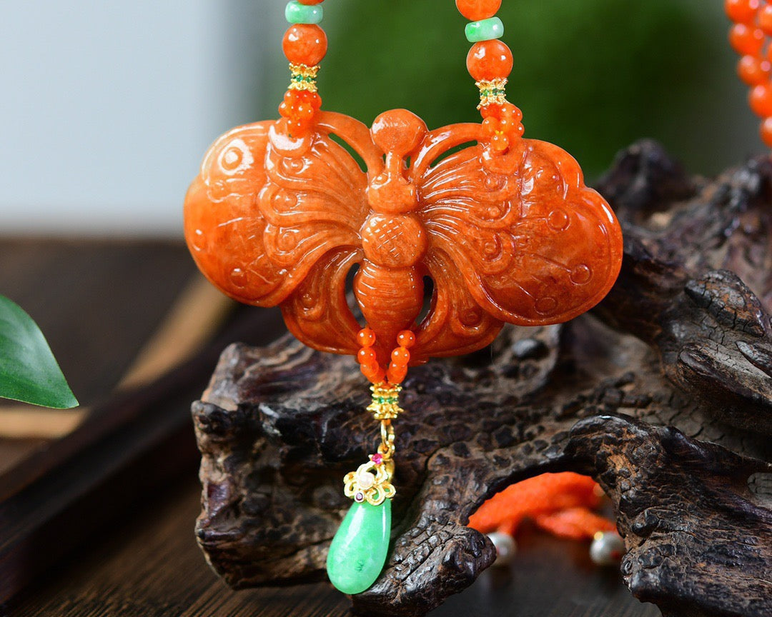 A1843 Exquisite Jadeite Carved Butterfly Pendant w Hand Woven Beeswax & Jadeite Beads Necklace