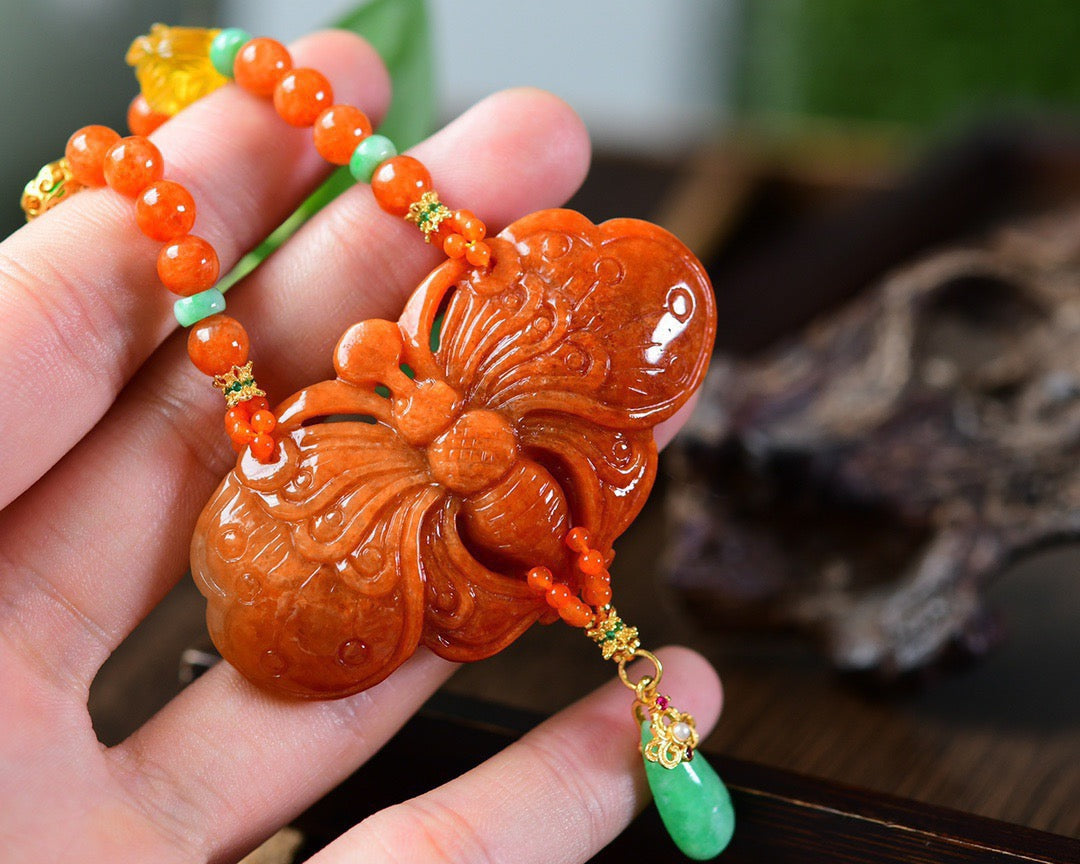 A1843 Exquisite Jadeite Carved Butterfly Pendant w Hand Woven Beeswax & Jadeite Beads Necklace