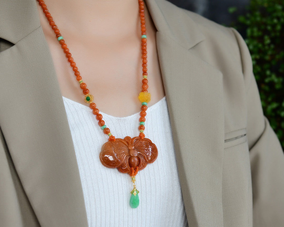 A1843 Exquisite Jadeite Carved Butterfly Pendant w Hand Woven Beeswax & Jadeite Beads Necklace