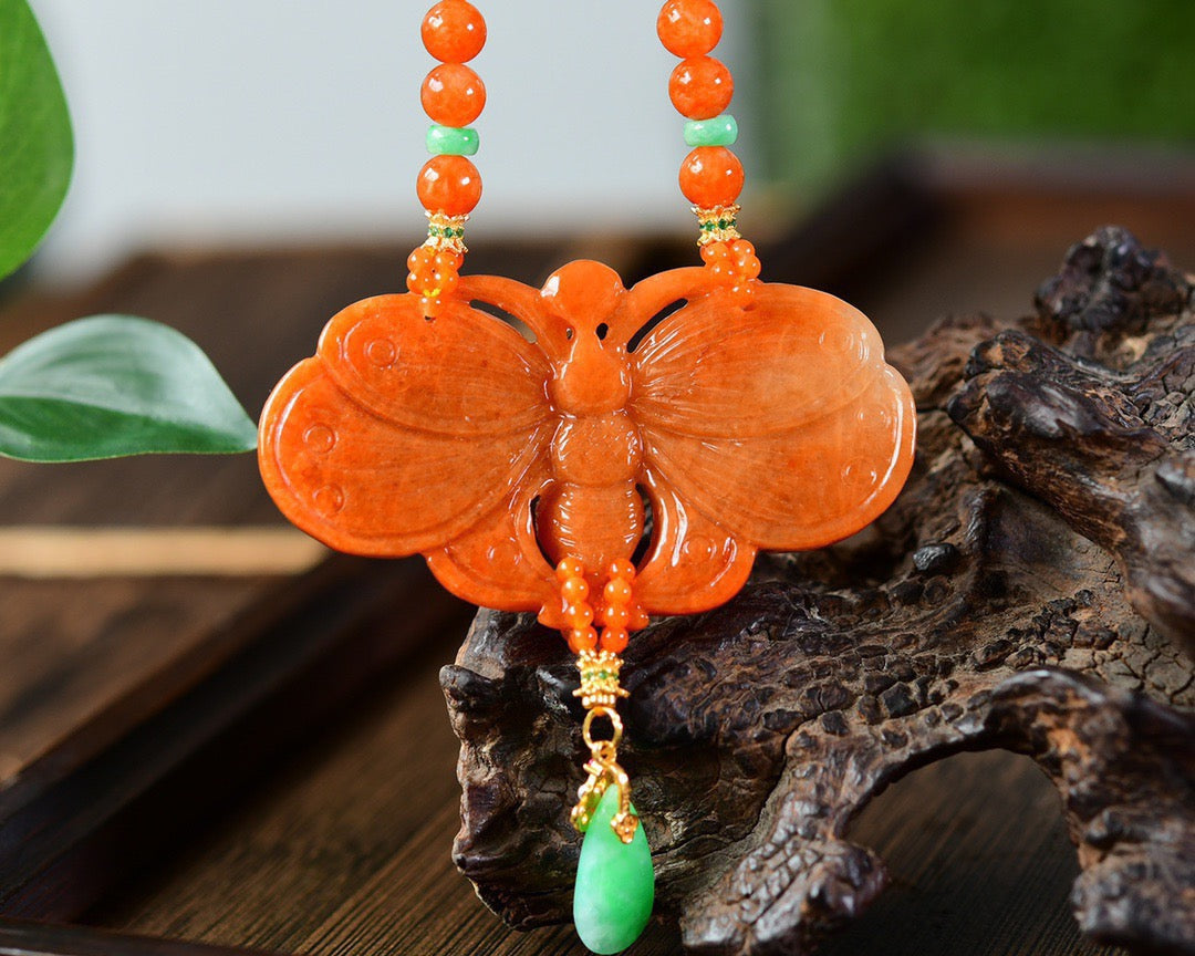 A1843 Exquisite Jadeite Carved Butterfly Pendant w Hand Woven Beeswax & Jadeite Beads Necklace