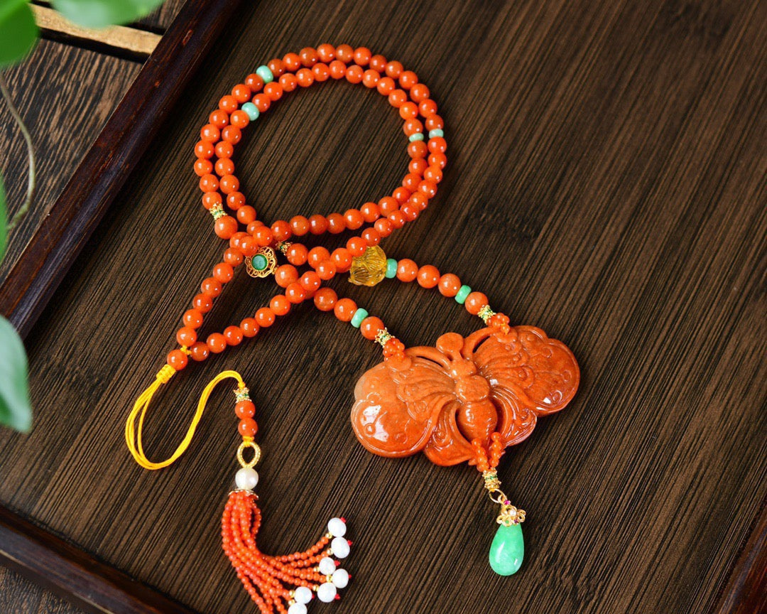 A1843 Exquisite Jadeite Carved Butterfly Pendant w Hand Woven Beeswax & Jadeite Beads Necklace