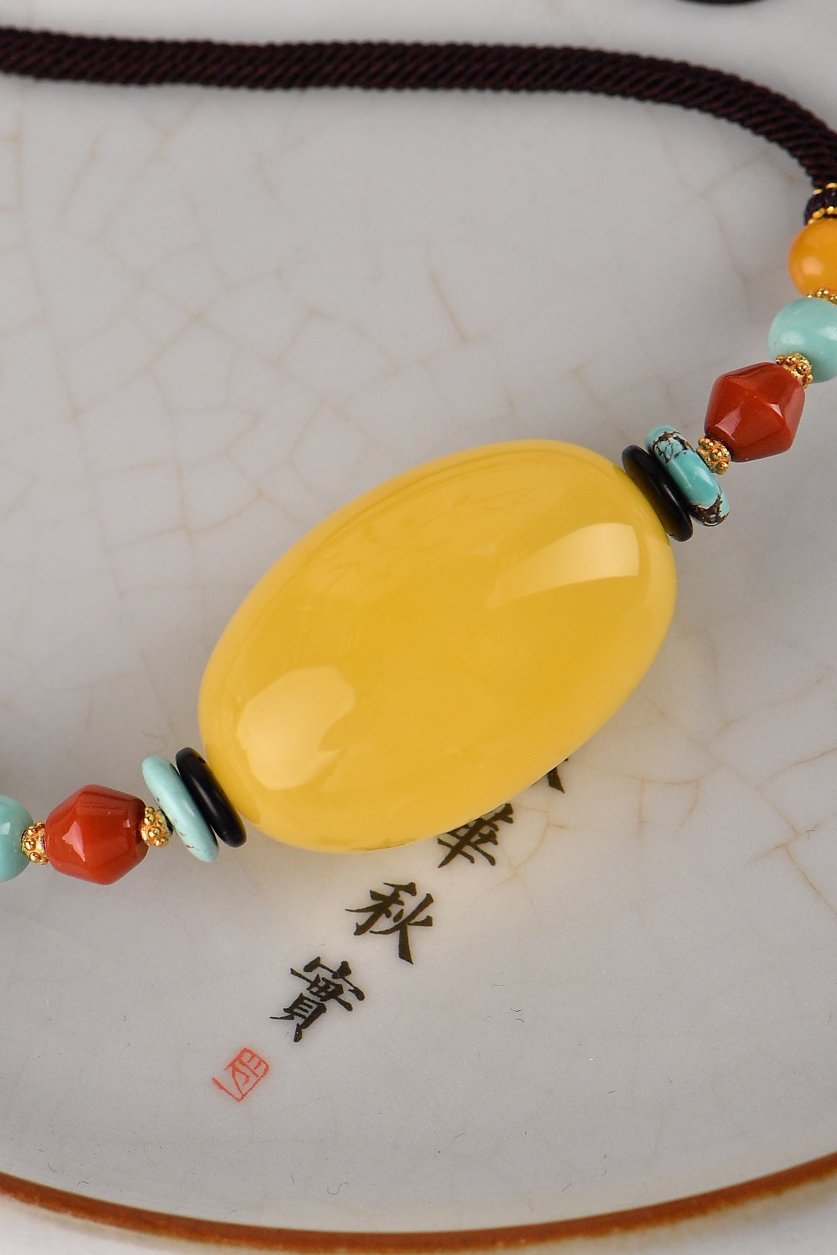 A1855 Beautiful Beeswax Lucky Pendant w Hand Woven Necklace
