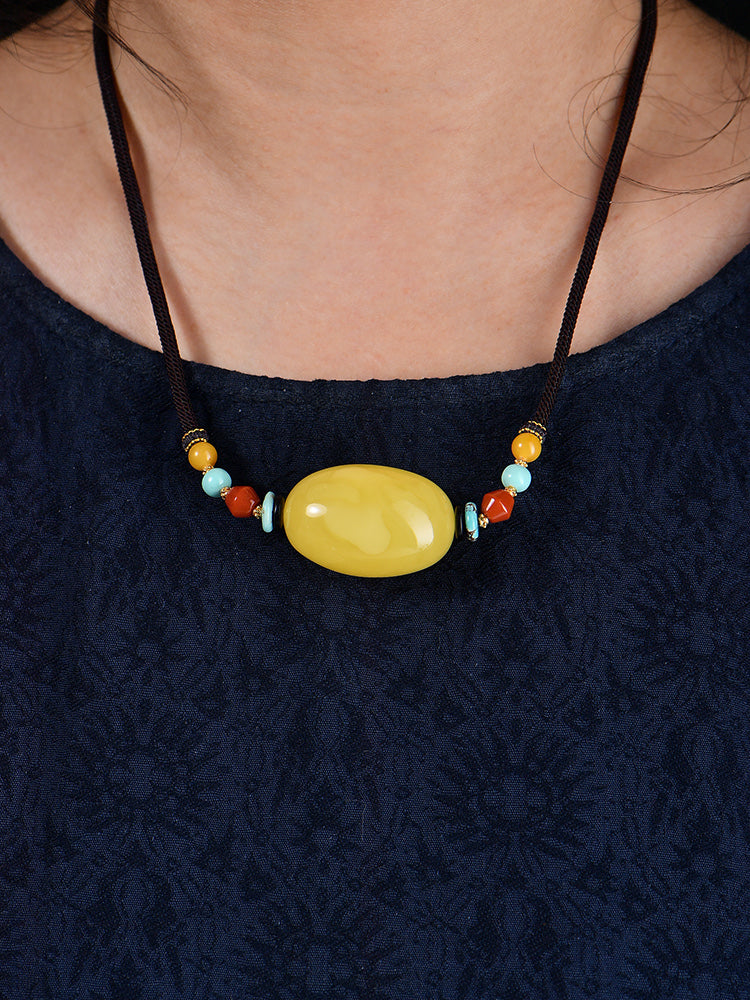 A1855 Beautiful Beeswax Lucky Pendant w Hand Woven Necklace