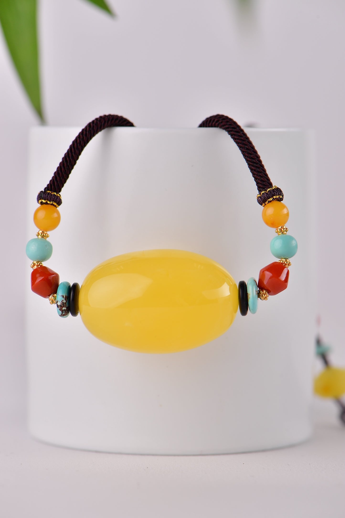 A1855 Beautiful Beeswax Lucky Pendant w Hand Woven Necklace