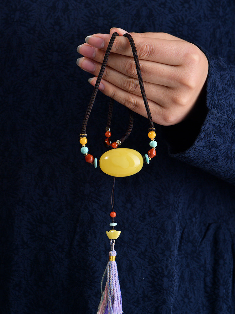 A1855 Beautiful Beeswax Lucky Pendant w Hand Woven Necklace