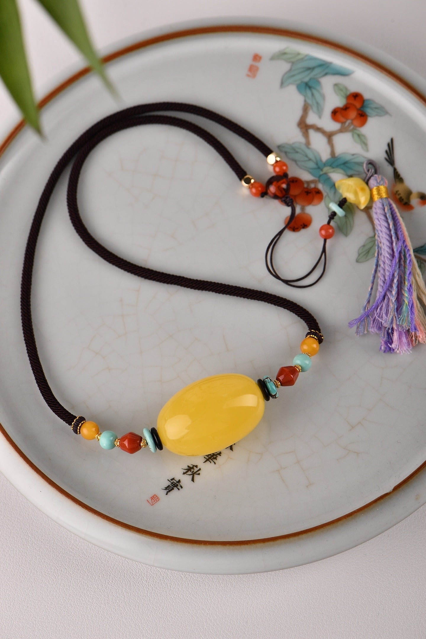 A1855 Beautiful Beeswax Lucky Pendant w Hand Woven Necklace