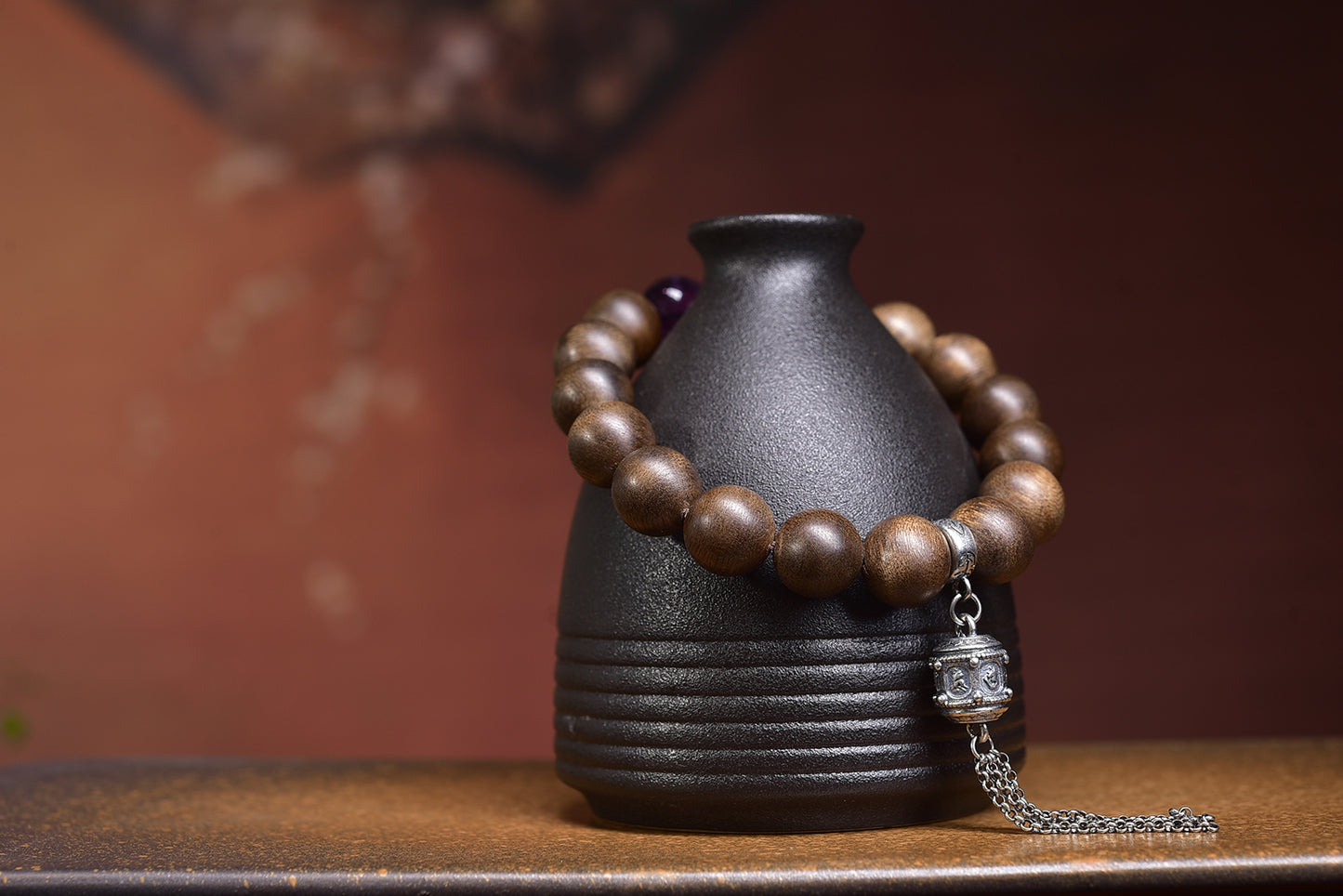 A1867 Vintage Chenxiang Wood & Amethyst Beads Bracelet