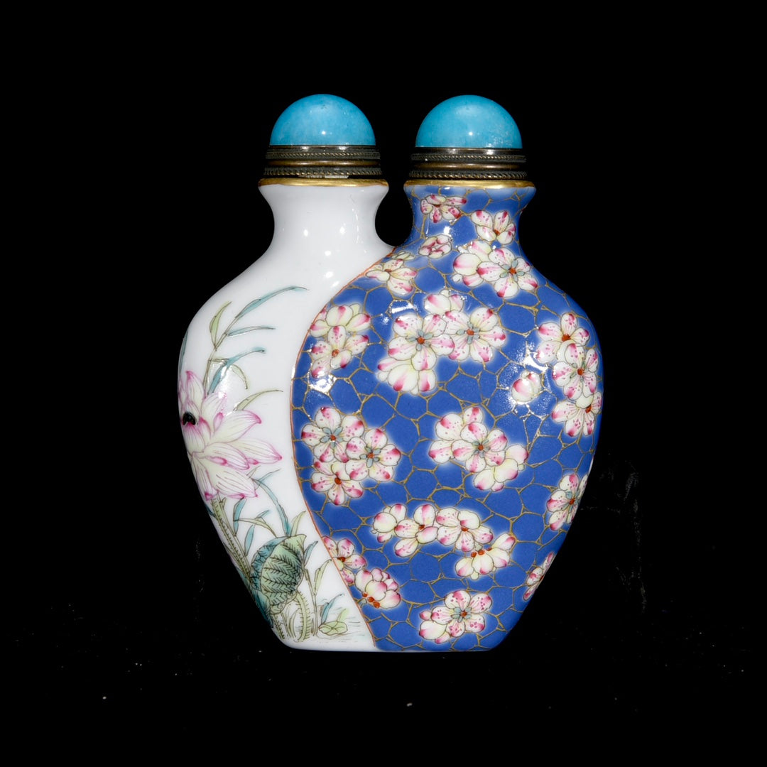 A1873 Chinese Qing Dynasty Gilt Gold Famille Rose Enamel Mandarin Ducks & Lotus Leaf & Lotus Flower Design Conjoined Porcelain Snuff Bottle