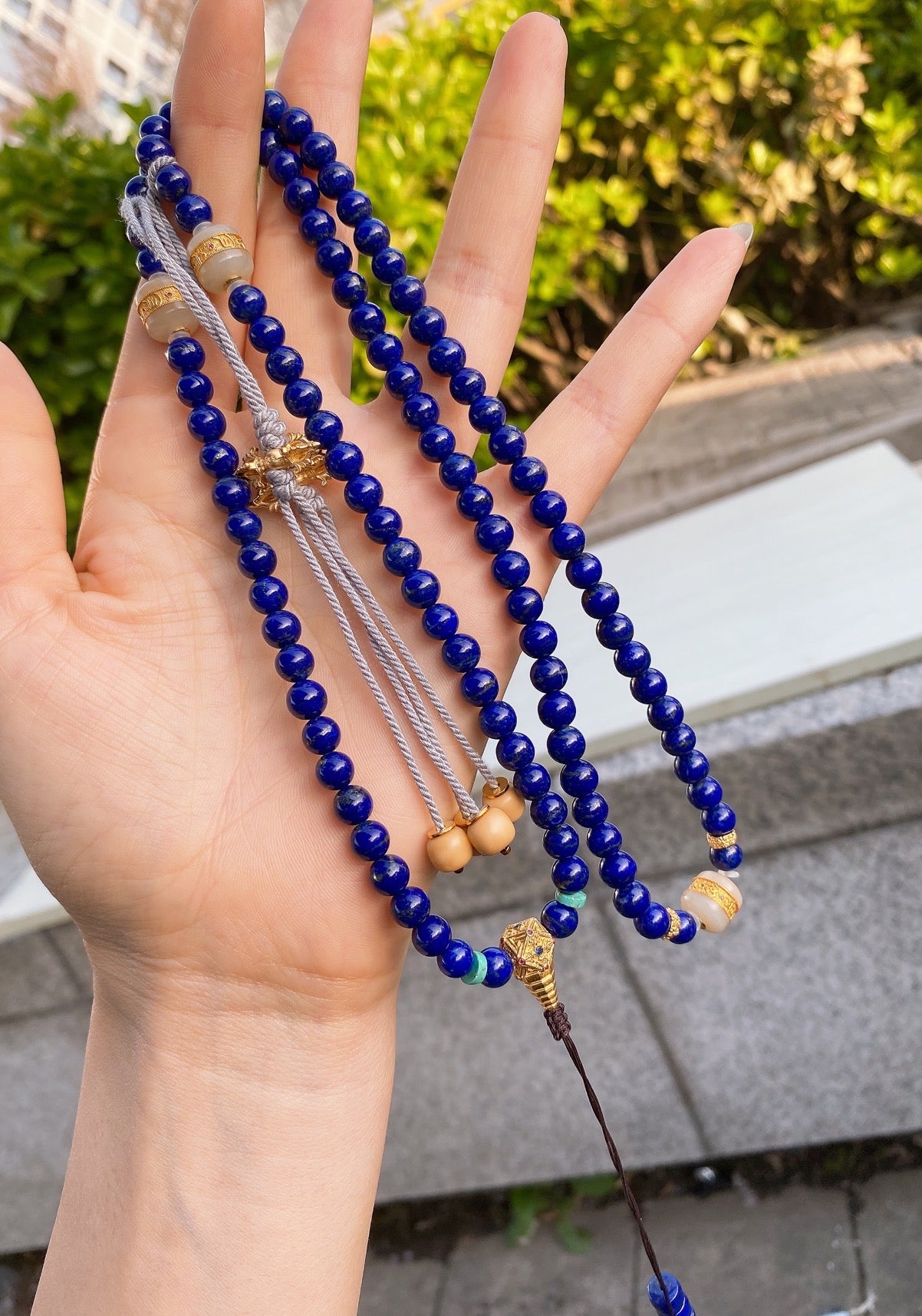 A1878 Hand Woven 108Beads Lapis Lazuli & 925 Silver Inlay Hetian Jade Beads Necklace
