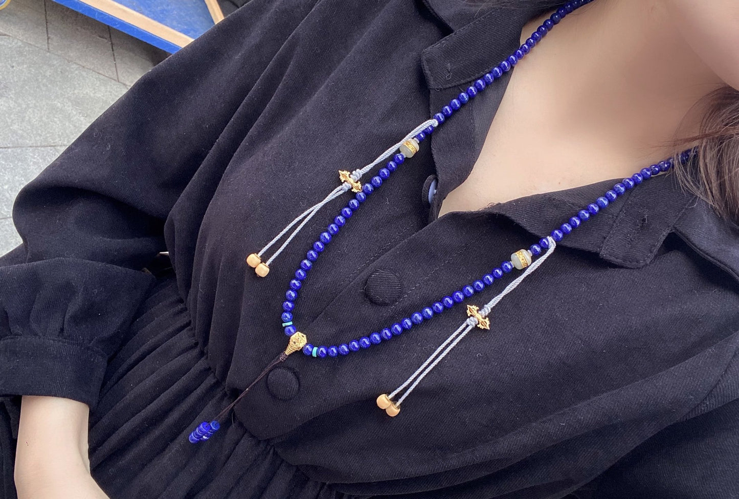 A1878 Hand Woven 108Beads Lapis Lazuli & 925 Silver Inlay Hetian Jade Beads Necklace