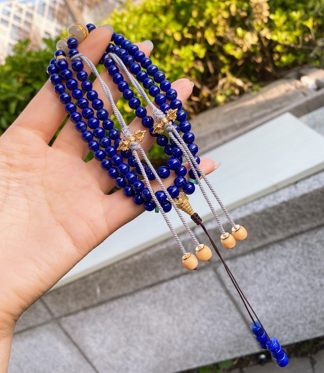 A1878 Hand Woven 108Beads Lapis Lazuli & 925 Silver Inlay Hetian Jade Beads Necklace