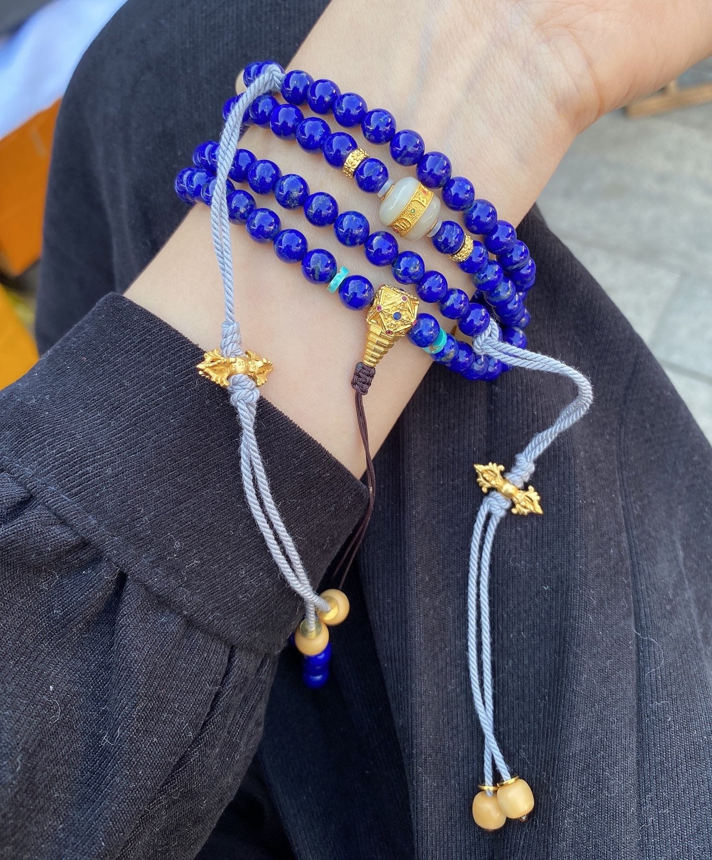 A1878 Hand Woven 108Beads Lapis Lazuli & 925 Silver Inlay Hetian Jade Beads Necklace