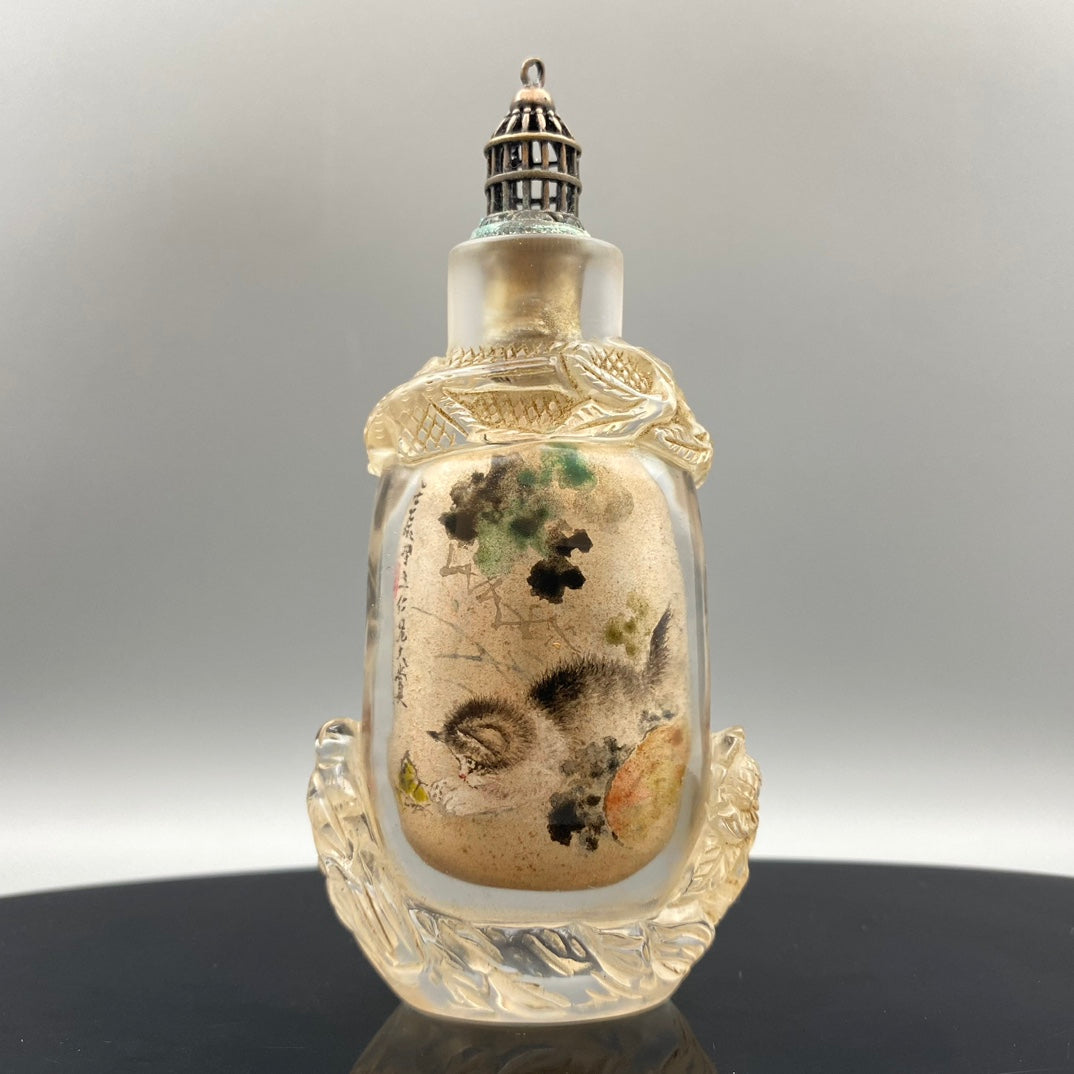 A1882 Old Chinese Peking Glass Inside Painting Cat Design Snuff Bottle w Stopper