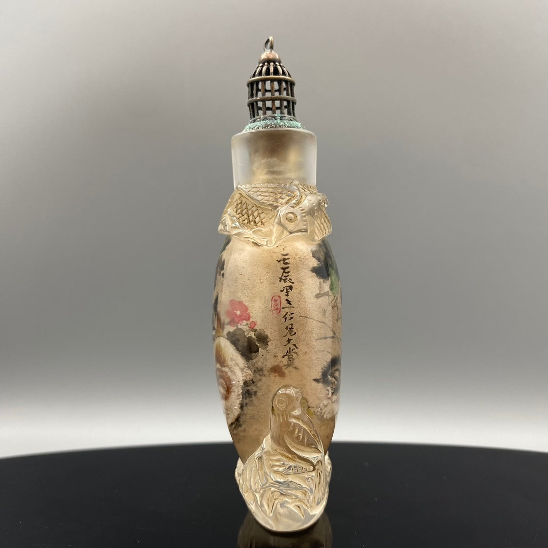 A1882 Old Chinese Peking Glass Inside Painting Cat Design Snuff Bottle w Stopper