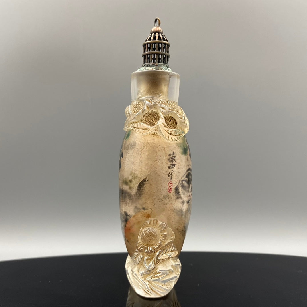 A1882 Old Chinese Peking Glass Inside Painting Cat Design Snuff Bottle w Stopper