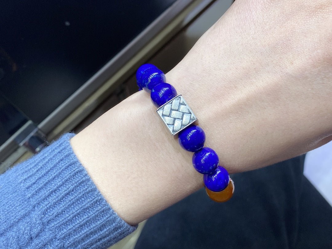 A1888 Chinese 925 Silver Inlay Lapis Lazuli & Beeswax Beads Bracelet
