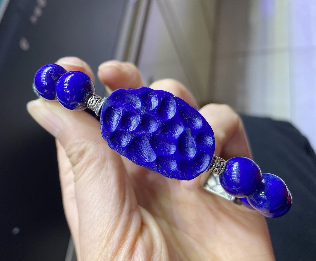 A1888 Chinese 925 Silver Inlay Lapis Lazuli & Beeswax Beads Bracelet