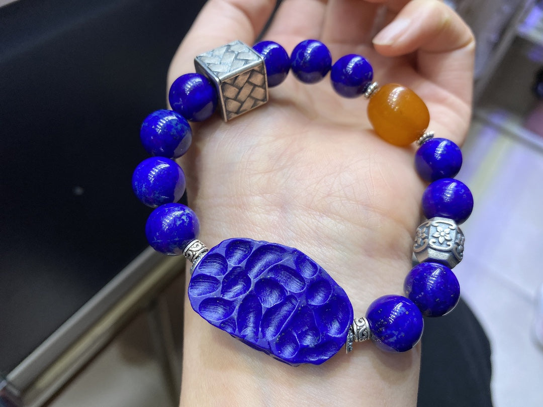 A1888 Chinese 925 Silver Inlay Lapis Lazuli & Beeswax Beads Bracelet