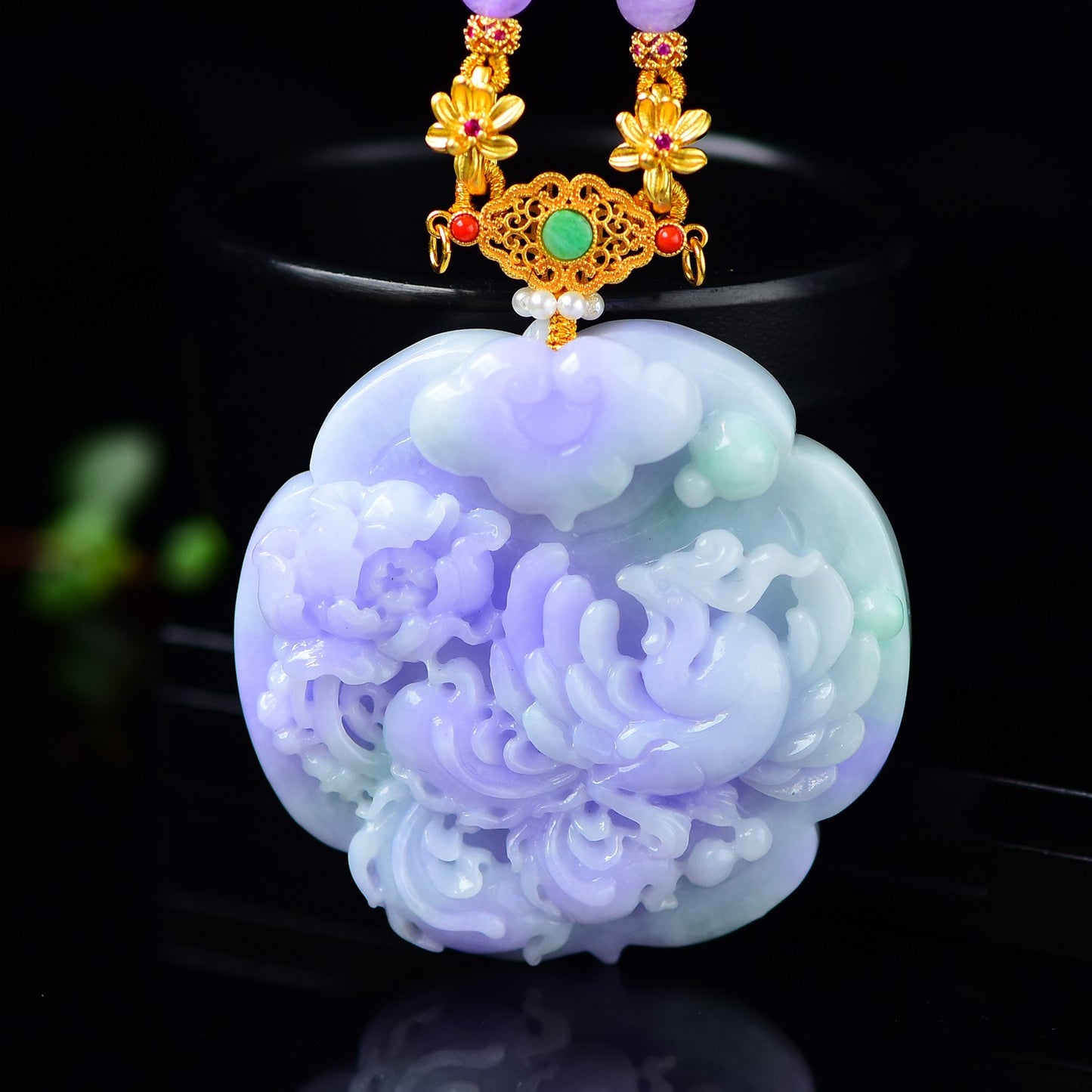 A1890 Exquisite Purple Jadeite Carved Phoenix & Peony Pendant w 18K Gold Buckle Jadeite Beads Necklace